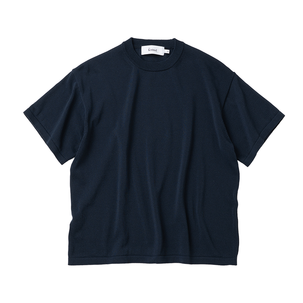 니티드 쉘론 냉감 싱글 크롭 라운드 니트 네이비(Knitted Shelron Cooling Single Crop Round Knit Navy)