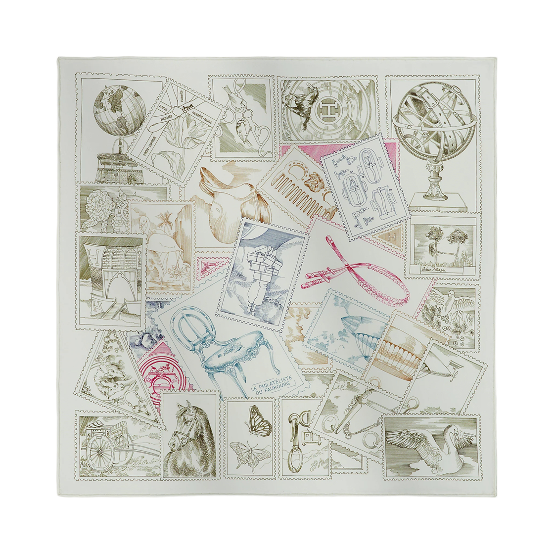 H894356S02 (W) Hermes Le Philateliste Du Faubourg Scarf 45 Silk Twill & Blanc Fuchsia Kaki