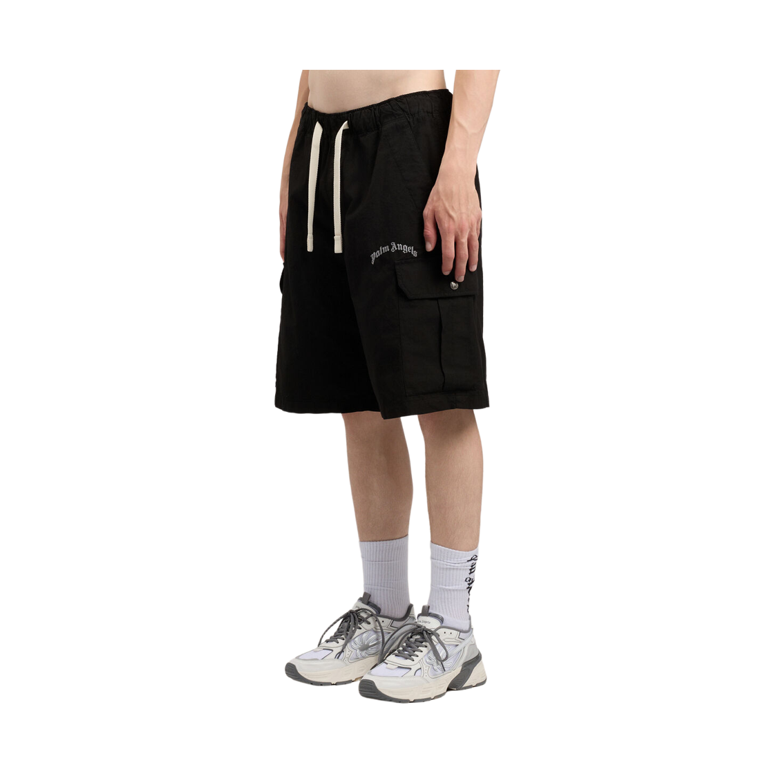 팜엔젤스 커브드 로고 루즈 카고 쇼츠 - 블랙 오프 화이트(Palm Angels Curved Logo Loose Cargo Shorts - Black Off White) - 3