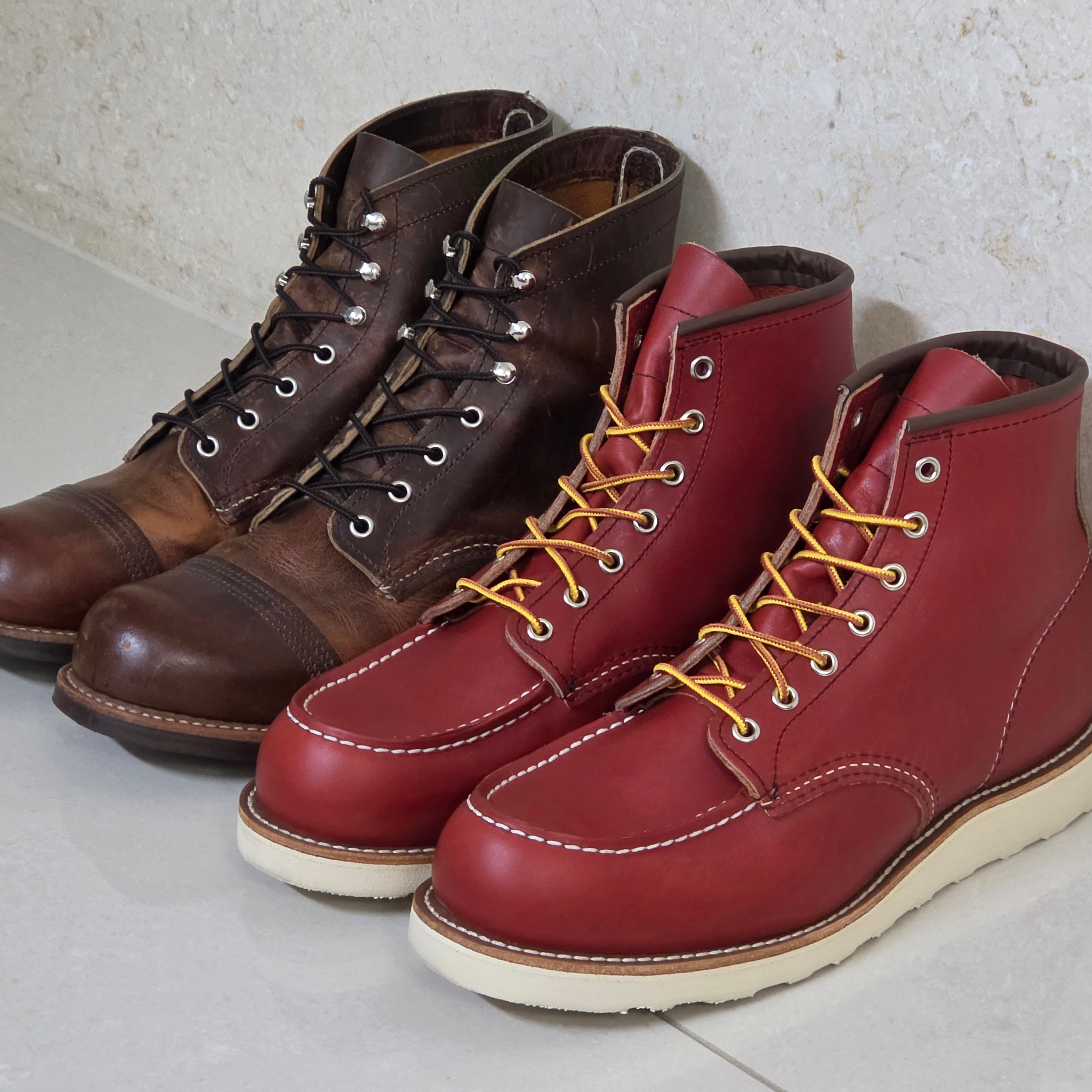 Red Wing Iron Ranger 8085 Copper Rough & Tough - D, Red Wing 6 Inch Moc Toe 8875 Oro Russet Leather - D 착용 스타일 - 1