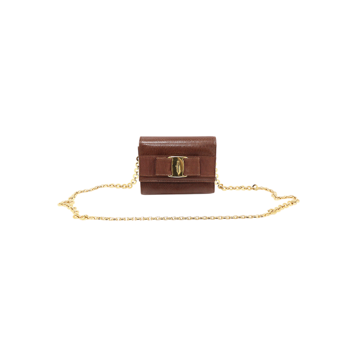 ITAER5CH8FBD Ferragamo 21 3202 Brown Lizard Embossed Leather Vara Mini Chain Crossbody Bag