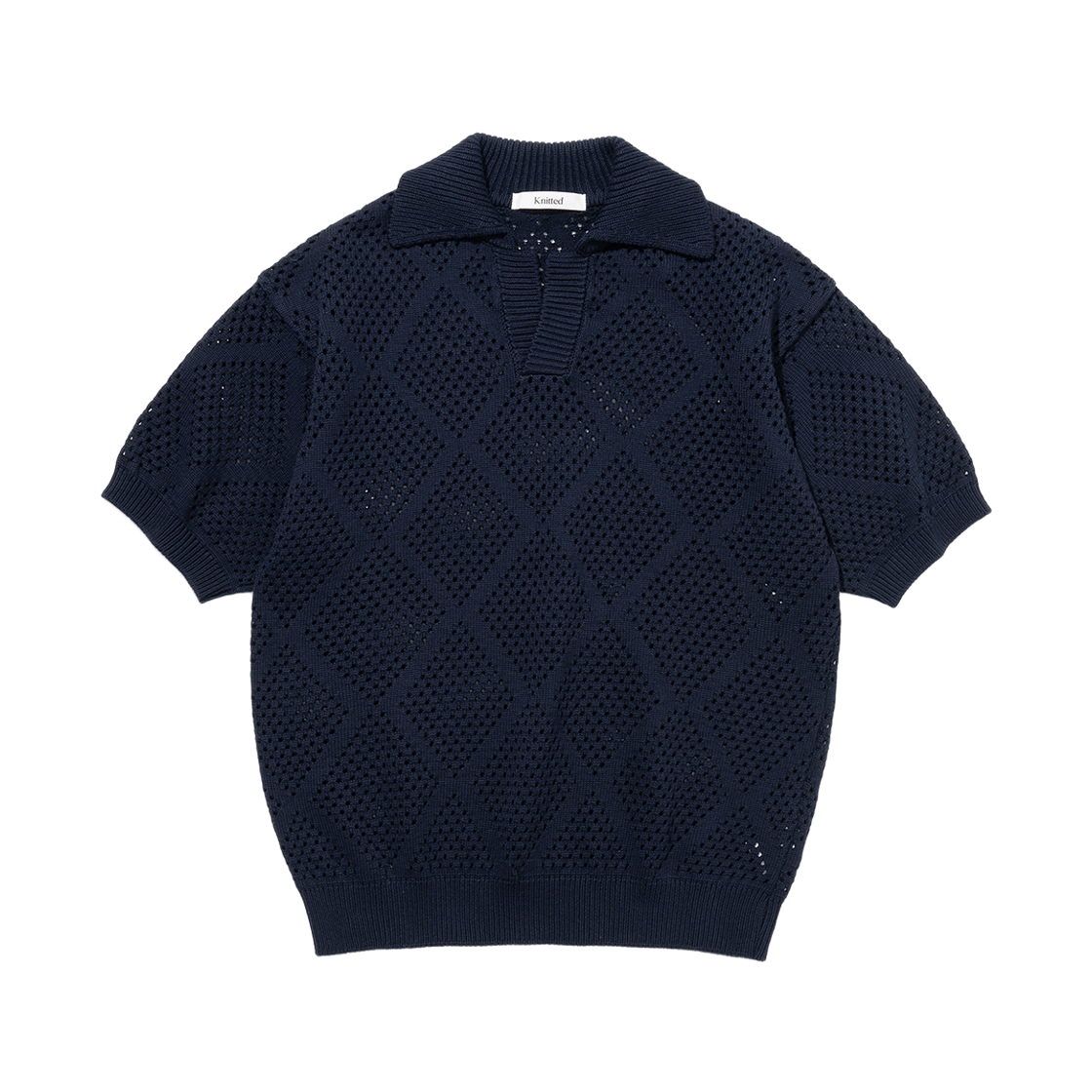 니티드 코튼 크로쉐 하프 니트티 네이비(Knitted Cotton Crochet Half Knit T-Shirt Navy)