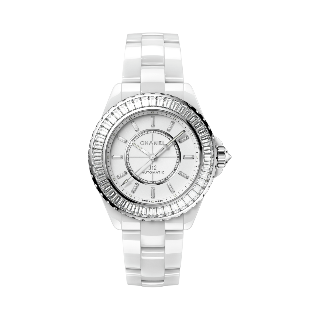 샤넬 J12 바게트 다이아몬드 베젤 워치 칼리버 12.1 38mm 화이트 세라믹 화이트 골드 다이아몬드(Chanel J12 Baguette Diamond Bezel Watch Caliber 12.1 38mm White Ceramic White Gold Diamonds)
