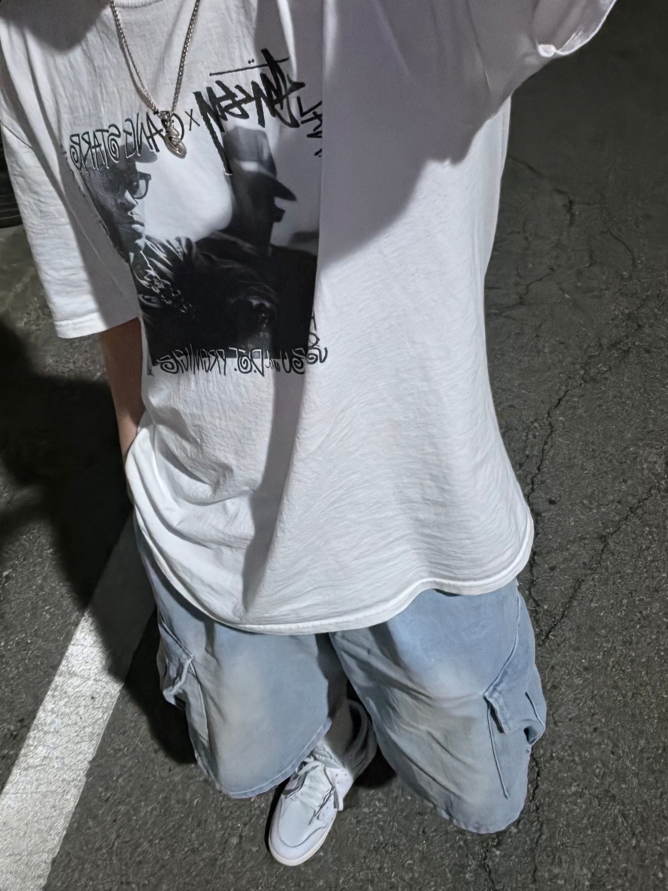 Jordan 1 x Virgil Abloh Archive Retro High Alaska White, Stussy x Gang Starr Take It Personal T-Shirt White 착용 스타일