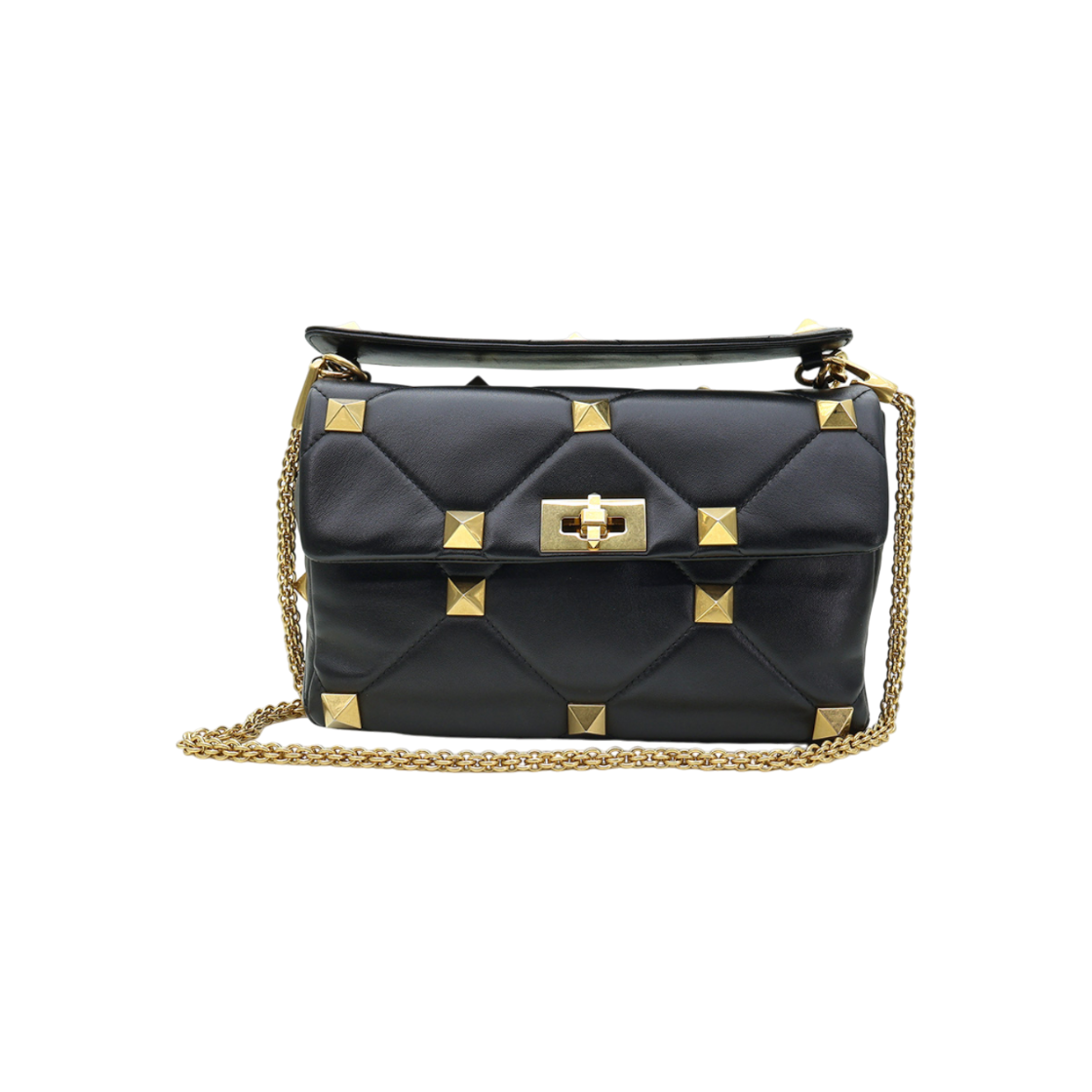 ITI2VBTG9VE9 Valentino Black Calfskin Gold Rockstud Romanstud Large Chain 2-Way Bag