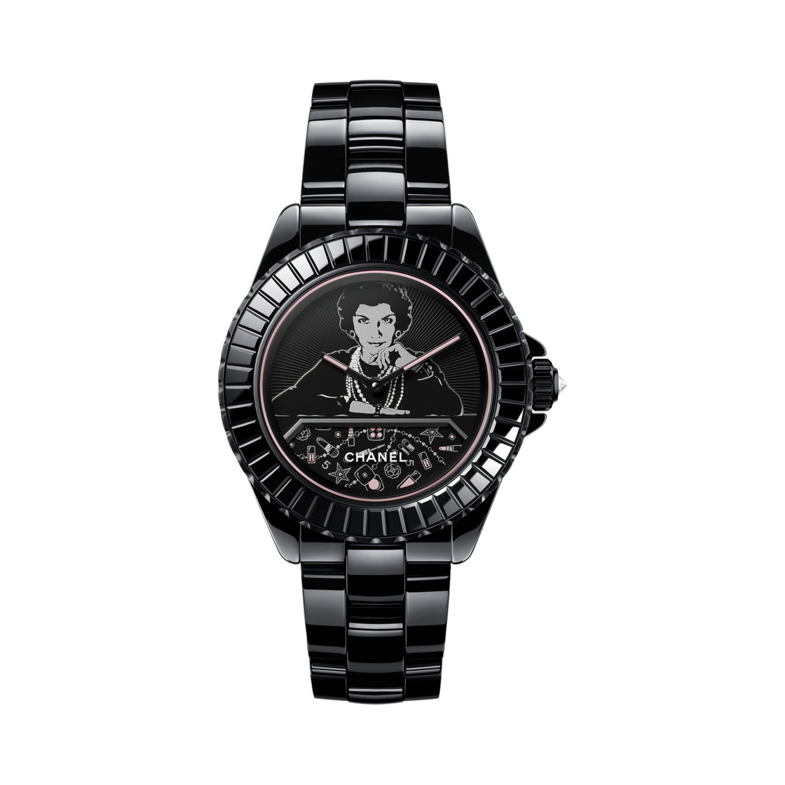 샤넬 마드모아젤 J12 블러쉬 워치 칼리버 12.1 38mm 블랙 세라믹 매트 블랙 스틸(Chanel Mademoiselle J12 Blush Watch Caliber 12.1 38mm Black Ceramic Matte Black Steel)