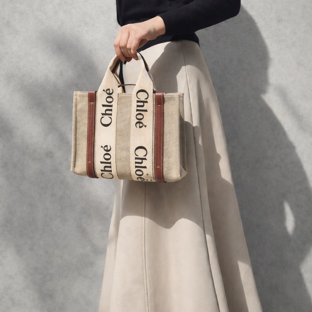 Chloe Woody Mini Tote Bag White Brown, Chloe Woody Small Tote Bag White Brown 착용 스타일 - 4