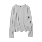 (W) Uniqlo Ribbed Henley Neck Long Sleeve T-Shirt Light Gray - JP