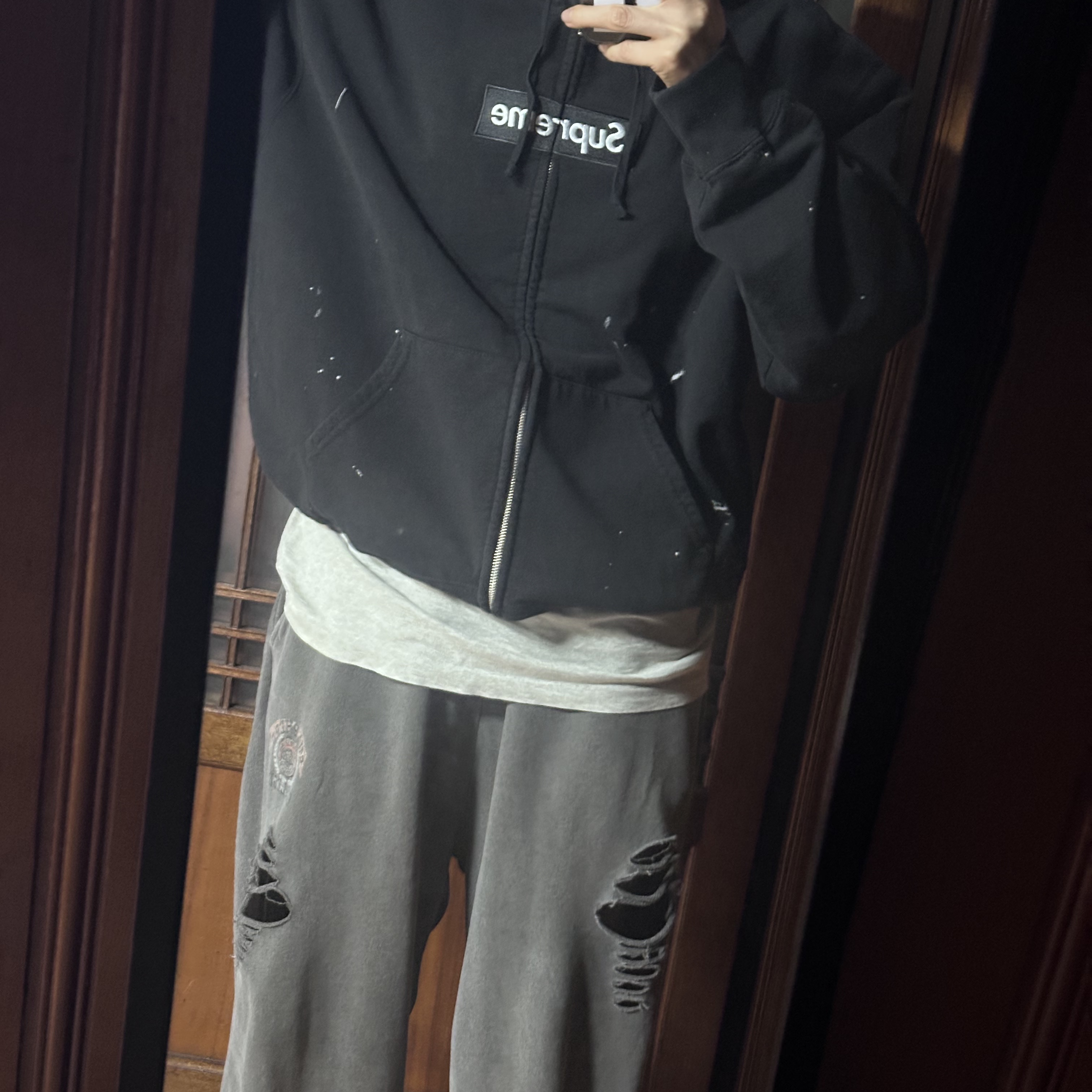 Supreme x MM6 Maison Margiela Box Logo Zip Up Hooded Sweatshirt Black - 26SS 착용 스타일