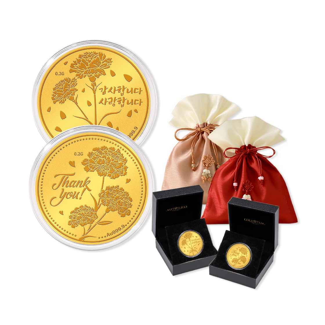 골드팡 가정의 달 1+1 24k 순금 카네이션 0.2g 2종 세트 + 스페셜 복패키지(GOLDPANG May Special 1+1 24k Gold Carnation 0.2g 2 Types Set + Special Lucky Gift Package)