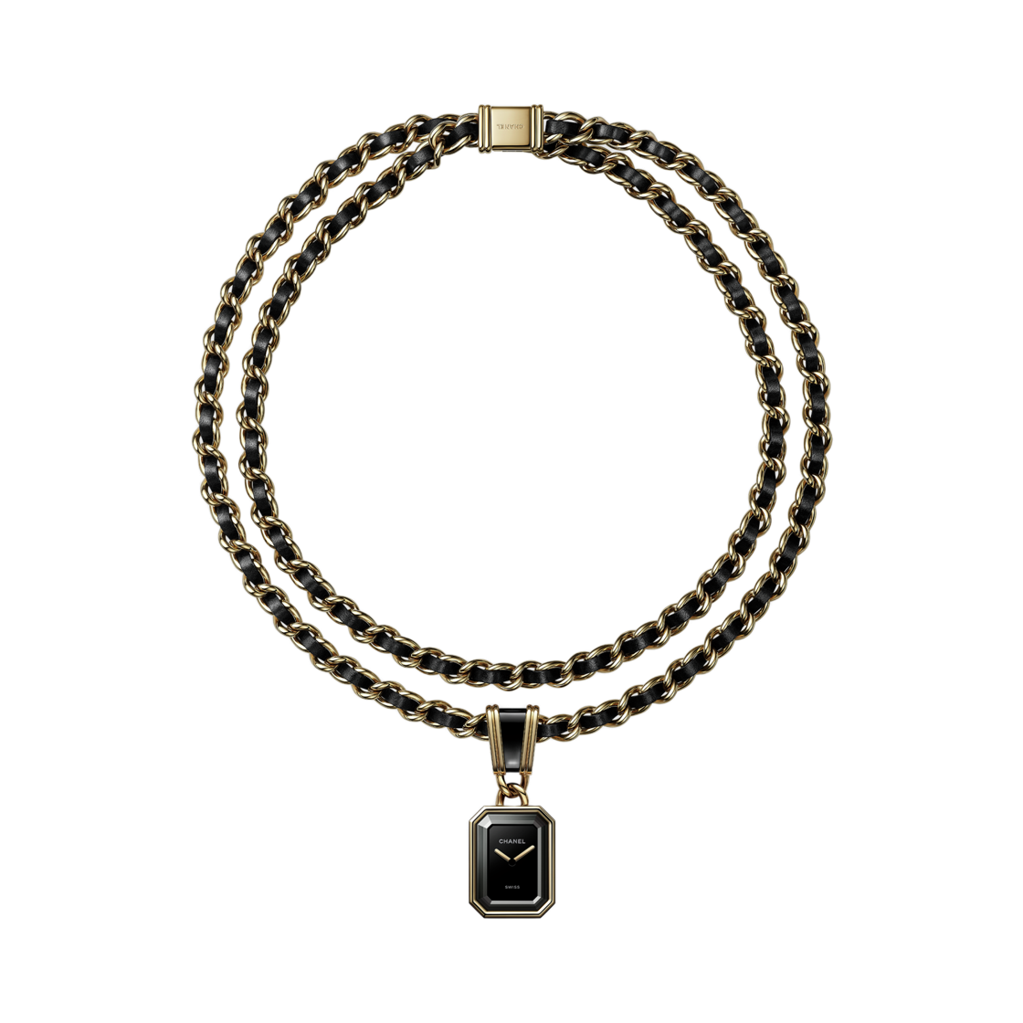 샤넬 프리미에르 아이코닉 체인 네크리스 워치 옐로우 골드 스틸 블랙 블랙 래커(Chanel Premiere Iconic Chain Necklace Watch Yellow Gold Steel Black Black Lacquered)