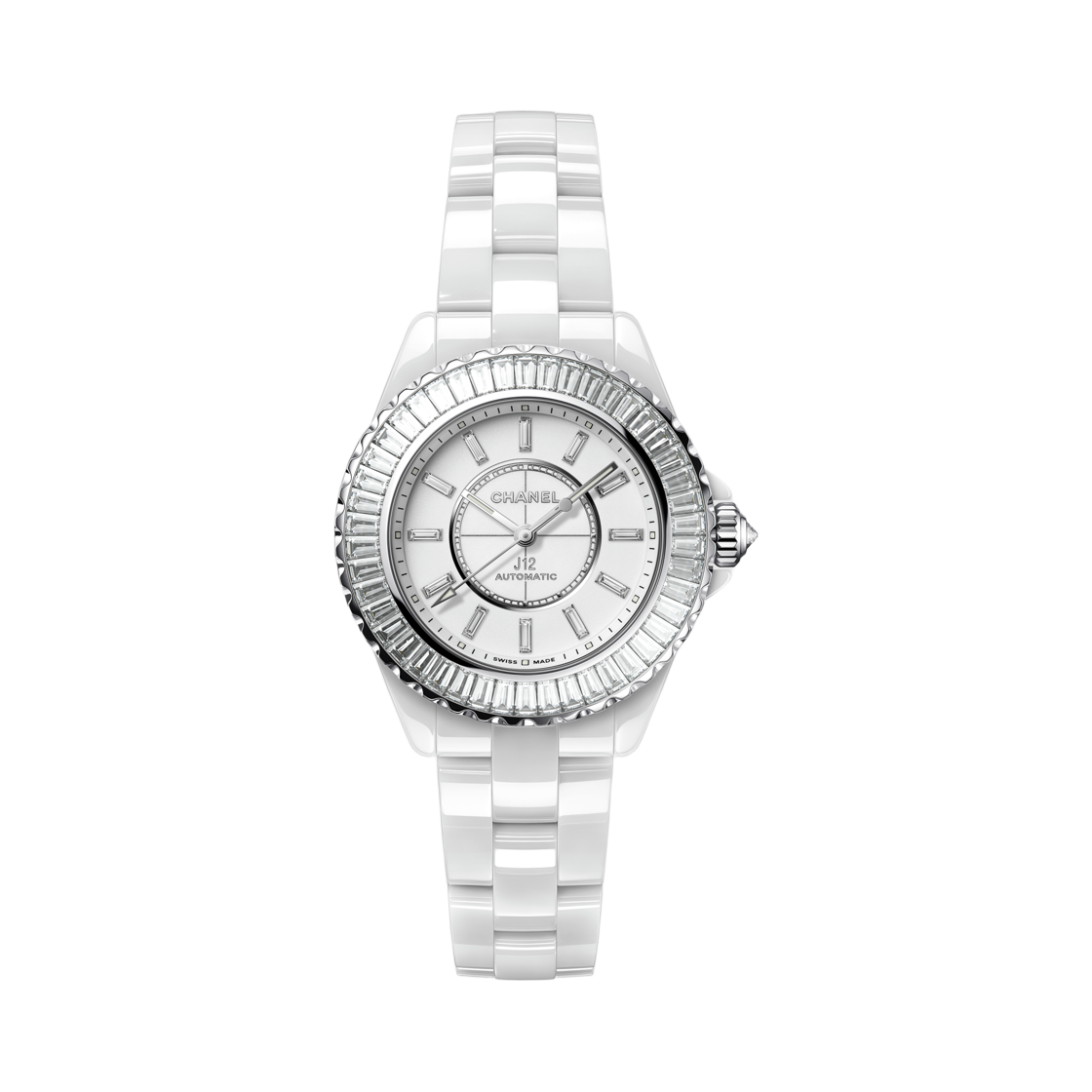 샤넬 J12 바게트 다이아몬드 베젤 워치 칼리버 12.2 33mm 화이트 세라믹 화이트 골드 다이아몬드(Chanel J12 Baguette Diamond Bezel Watch Caliber 12.2 33mm White Ceramic White Gold Diamonds)