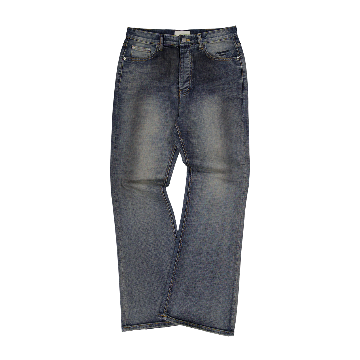 언더마이카 무.175 클래식 로고 오일 워시드 세미 플레어 진 오일 블루(Undermycar Mu.175 Classic Logo Oil Washed Semi Flare Jeans Oil Blue)