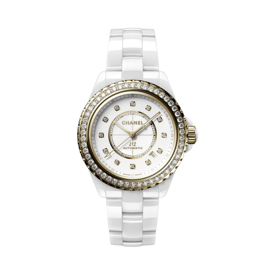 샤넬 J12 다이아몬드 베젤 워치 칼리버 12.1 38mm 화이트 세라믹 18K 옐로우 골드 다이아몬드(Chanel J12 Diamond Bezel Watch Caliber 12.1 38mm White Ceramic 18K Yellow Gold Diamonds) - 1