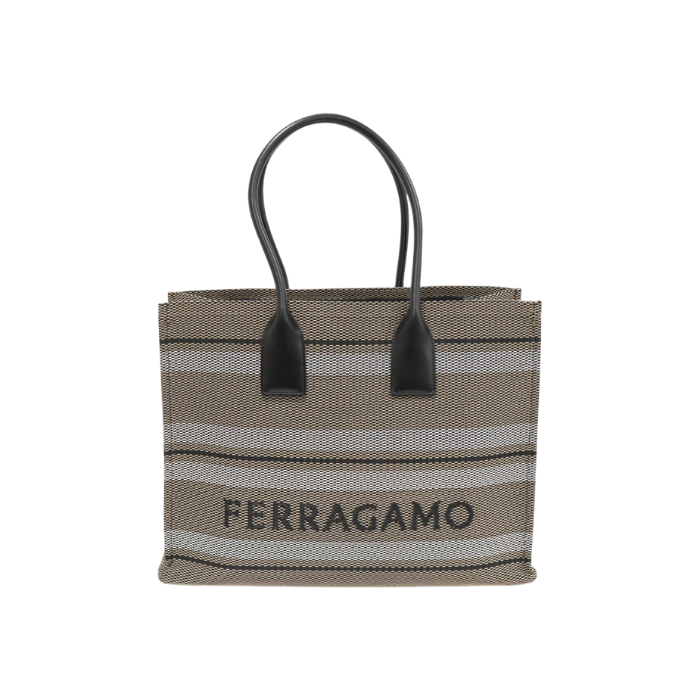 ITN6D6V7DFT3 Ferragamo 21 4955 Beige Black PVC Canvas Stripe Signature Beach Shopper Tote Bag