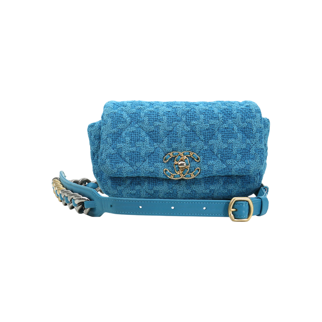 IT8IEP8LTF5B Chanel Turquoise Tweed Metal CHANEL 19 Small Flap Waist Shoulder Bag (29 Series)