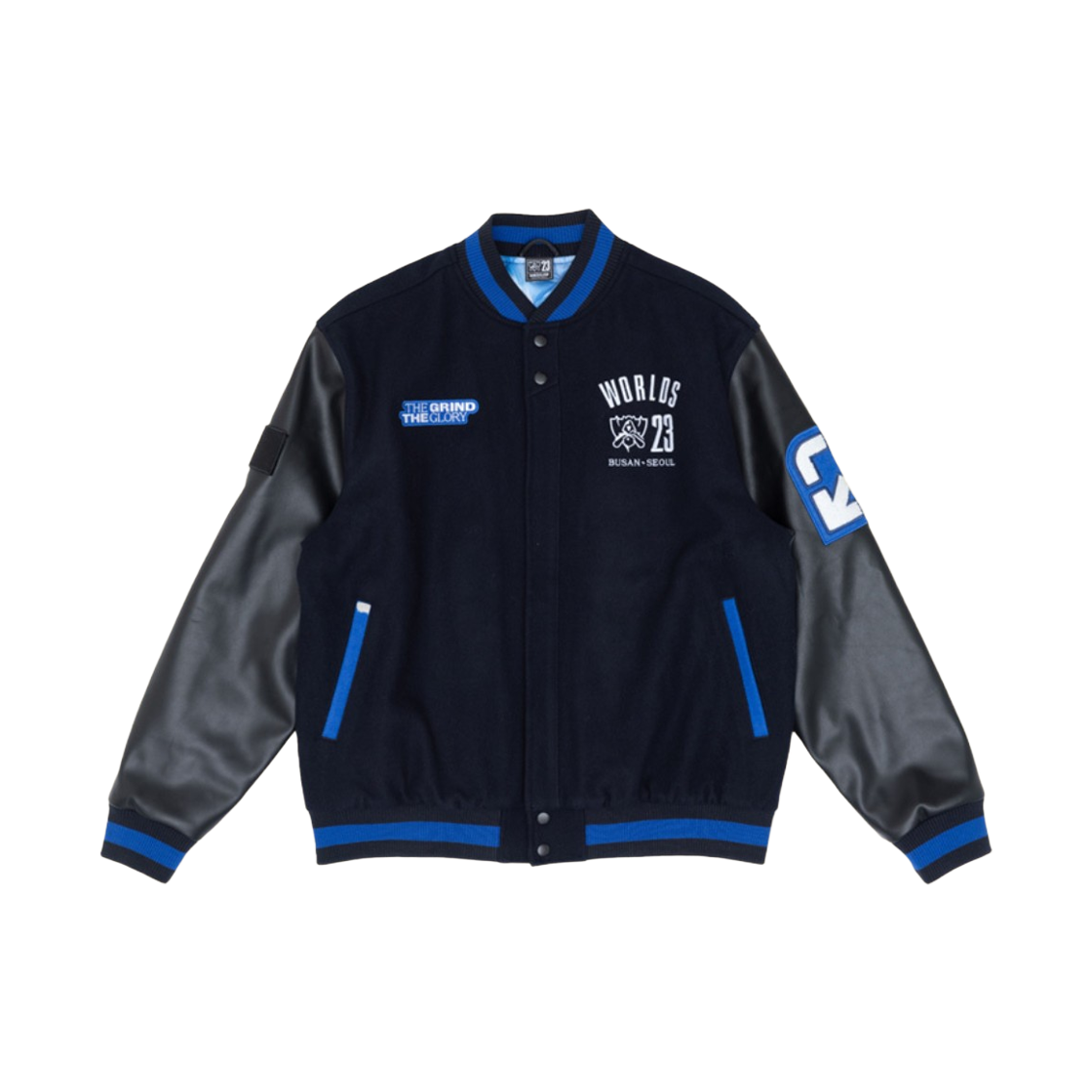 T1 2023 월드 바시티 자켓 블랙 블루 (논 마킹 버전)(T1 2023 Worlds Varsity Jacket Black Blue (Non Marking Ver.))
