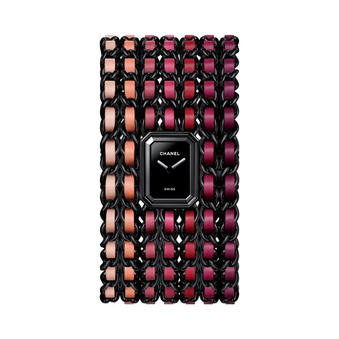 샤넬 프리미에르 커프 블러쉬 워치 블랙 스틸 핑크 레드 블랙 래커(Chanel Premiere Cuff Blush Watch Black Steel Pink Red Black Lacquered)