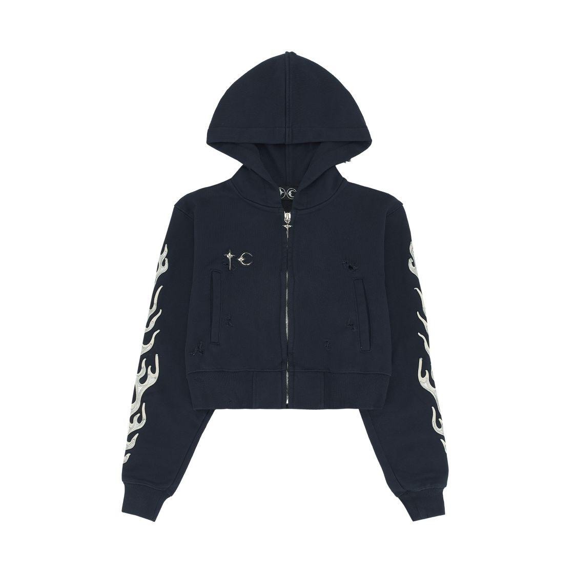 - Thug Club Leather Flame Cropped Hooded Zip Up Navy