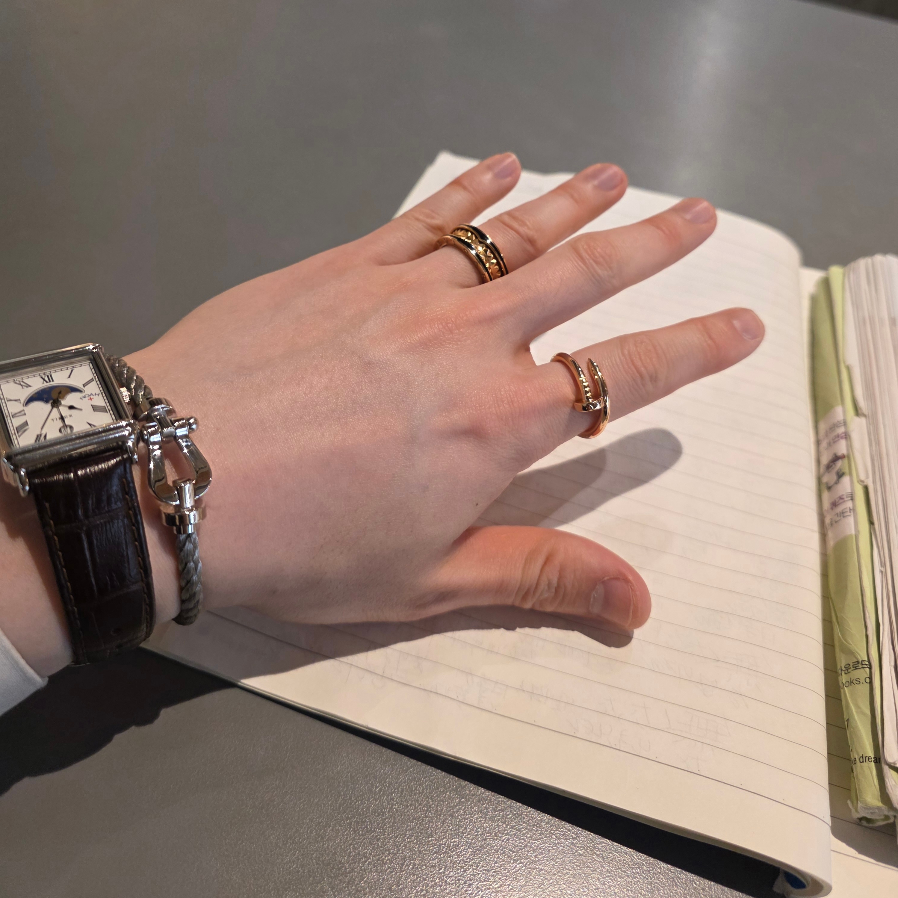 Cartier Juste un Clou Ring Rose Gold, FRED 0B0005 18K White Gold Force Ten Large Bracelet 착용 스타일
