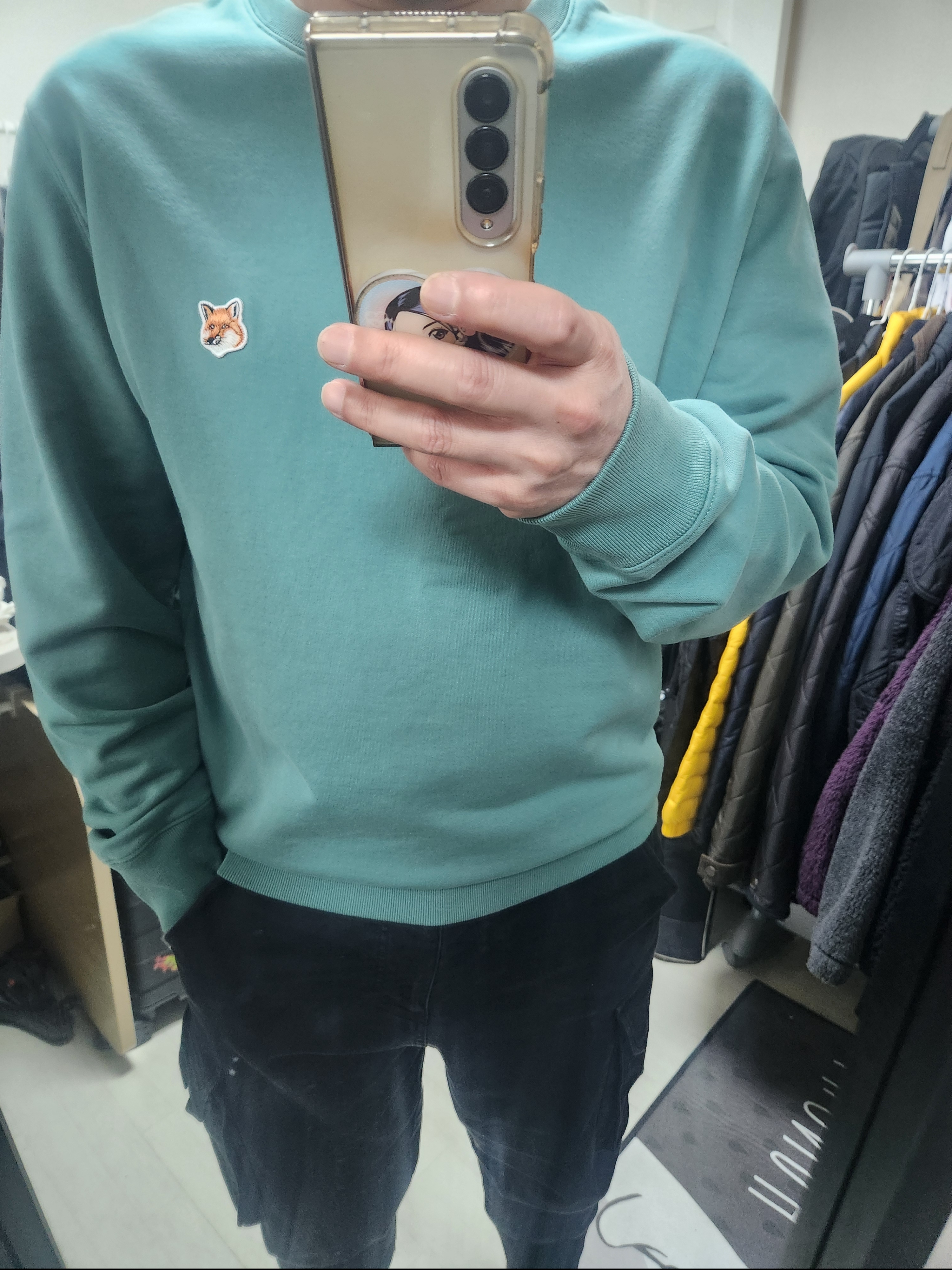 Maison Kitsune Fox Head Patch Regular Sweatshirt Teal Grey 착용 스타일