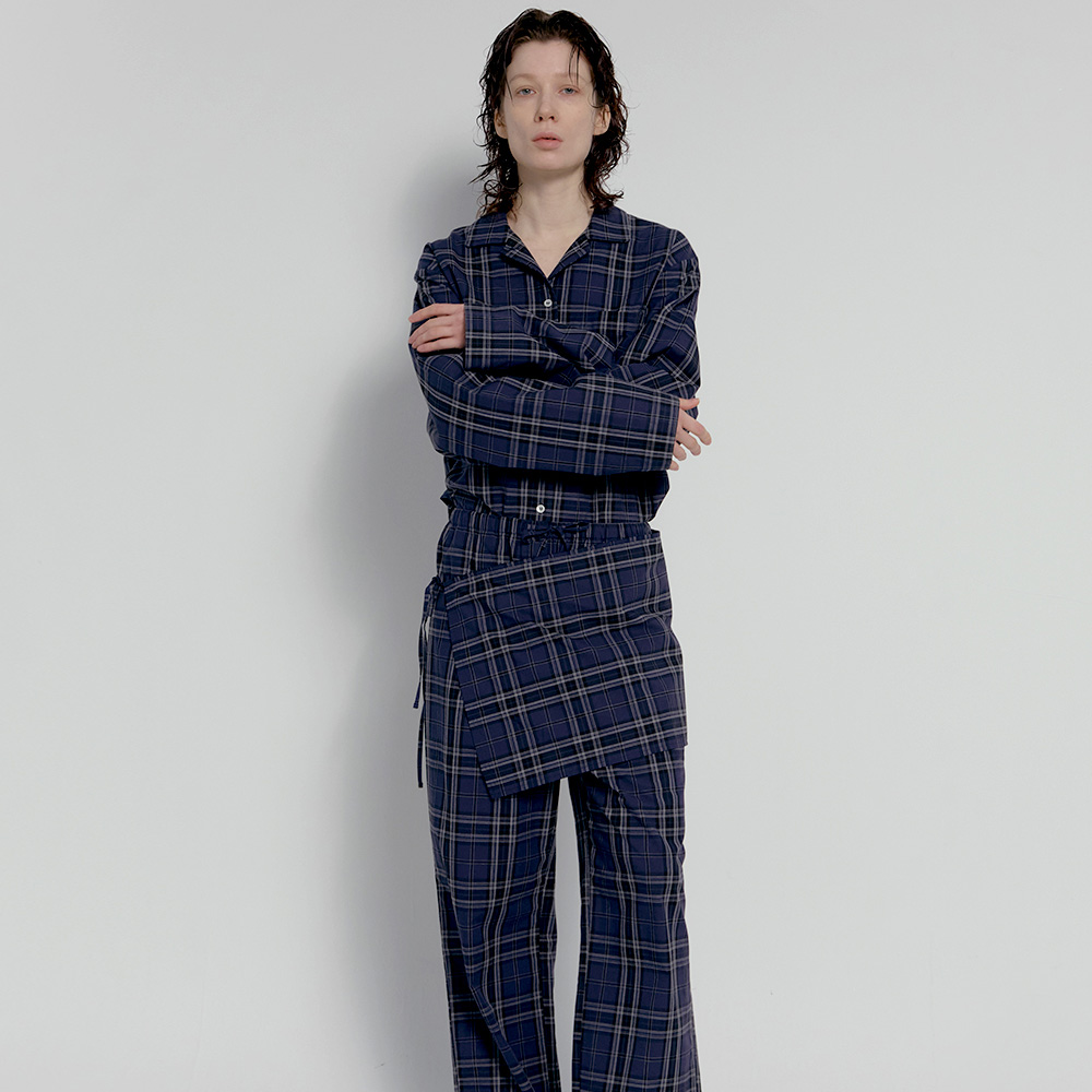 퍼즈플리즈 100% 코튼 파자마 위드 에이프런 (체크 네이비)(PAUSE PLEASE 100% Cotton Pajamas with Apron (Check Navy)) - 4