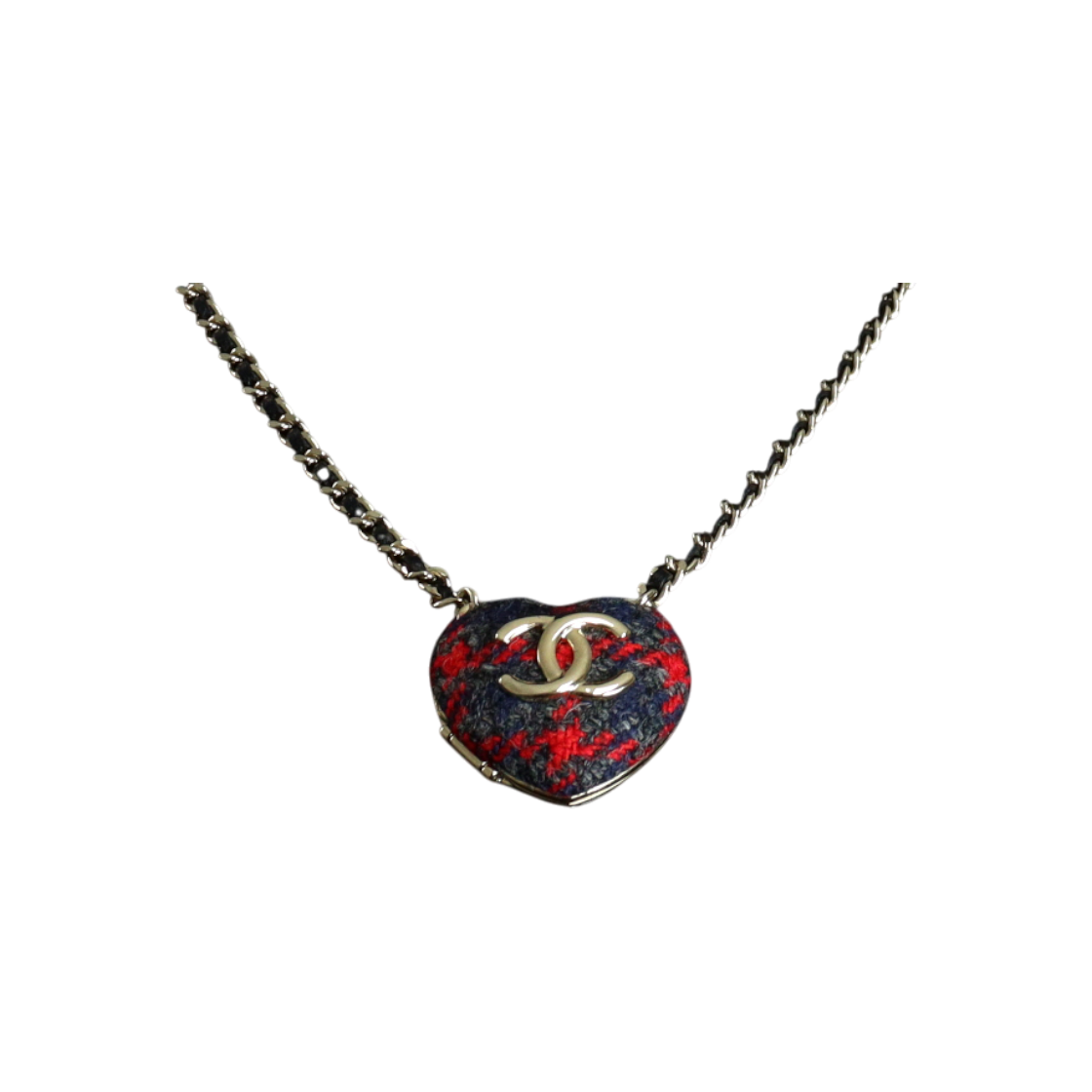 ITBSAMJKMJUI Chanel 2022 CC Logo Tweed Heart Mirror Chain Necklace