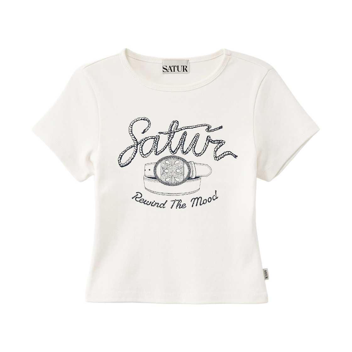 세터 우먼 벨트 그래픽 슬림 핏 반팔 티셔츠 화이트(SATUR W Belt Graphic Slim Fit T-Shirt White)