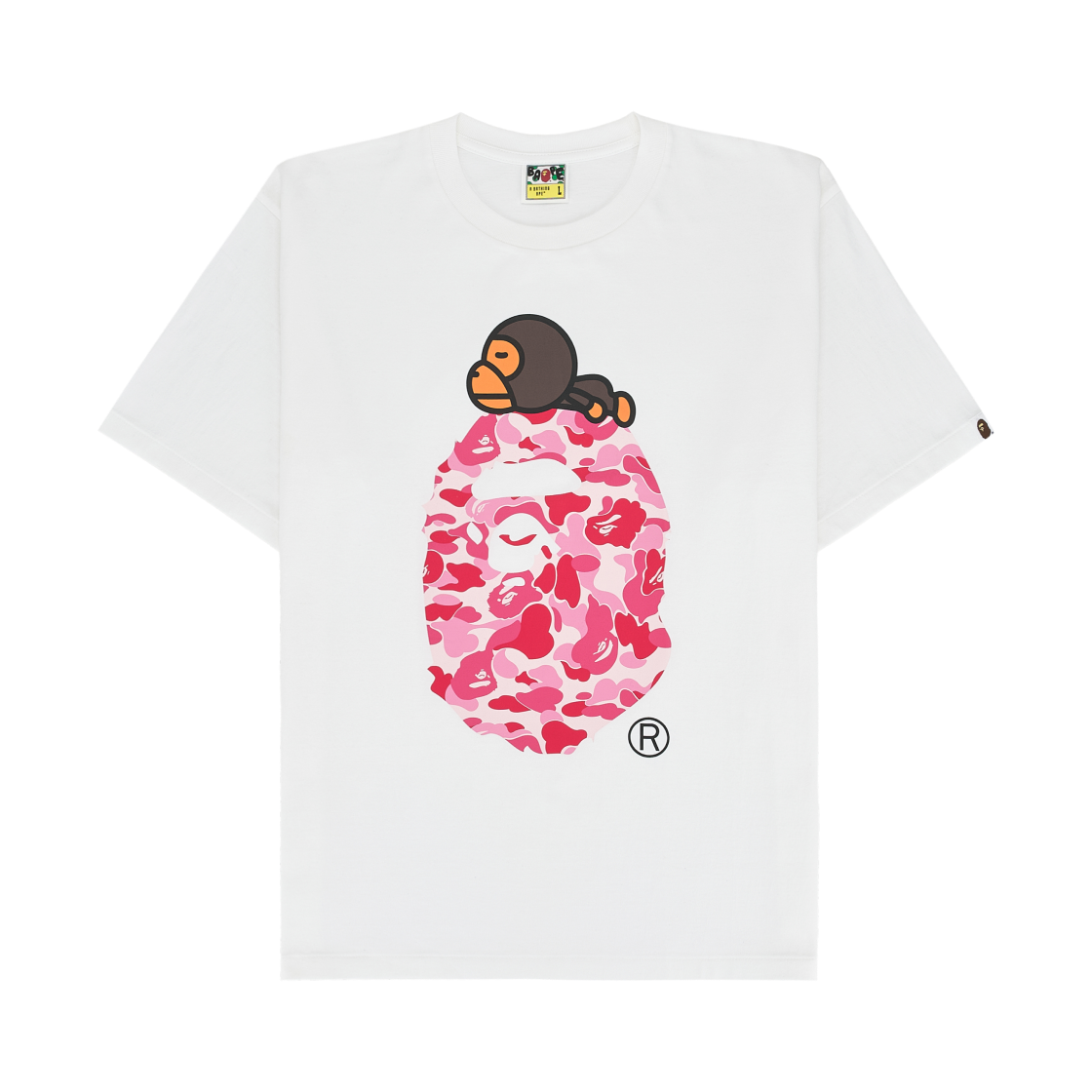 베이프 ABC 카모 마일로 온 빅 에이프 티셔츠 화이트 핑크(BAPE ABC Camo Milo on Big Ape T-Shirt White Pink)