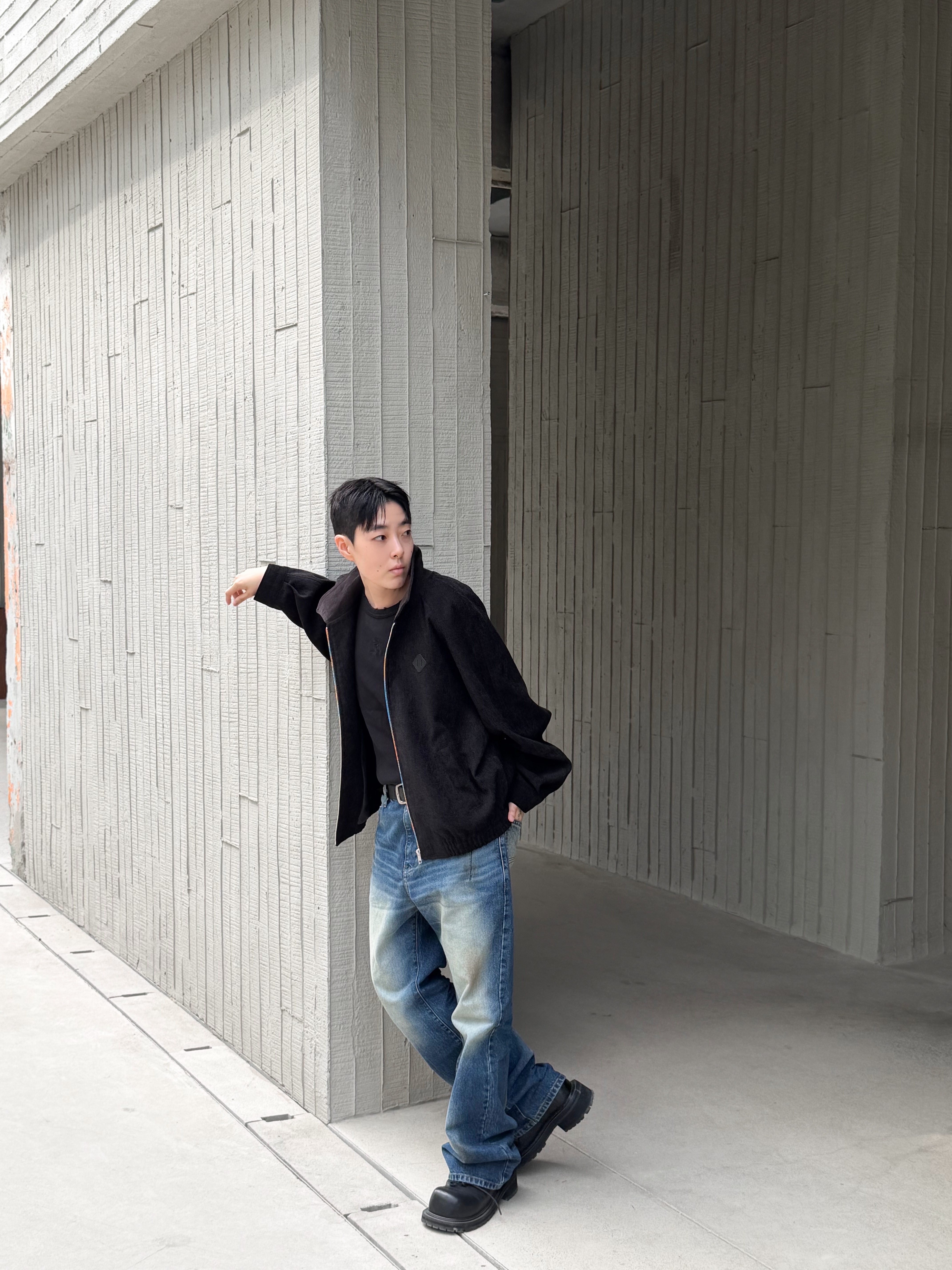 Hono Report Lash Tab Raglan Jacket Black, Farfromwhat Far Aged Flare Jeans 착용 스타일 - 8