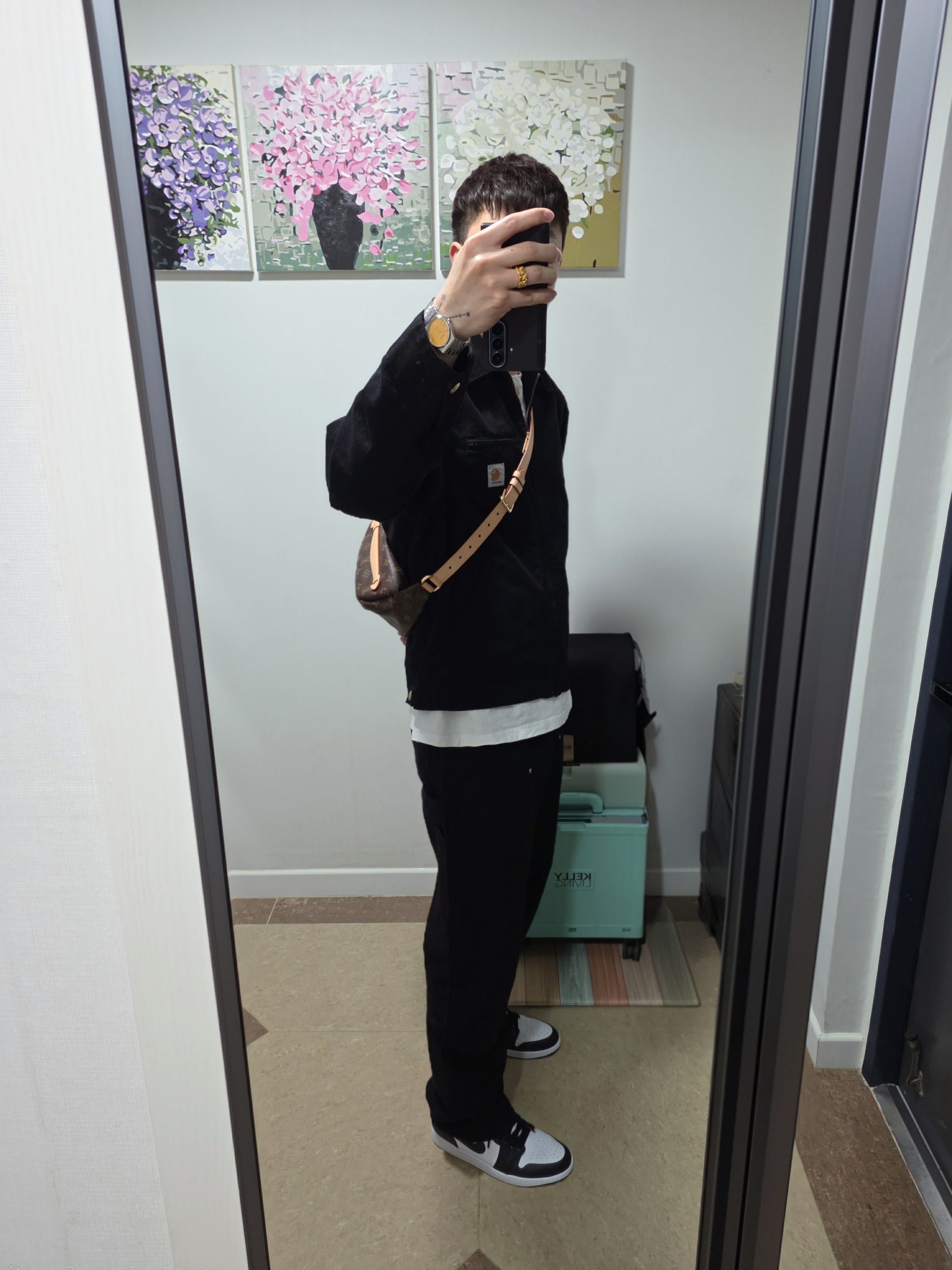 Carhartt WIP Detroit Jacket Black, Carhartt WIP Dearborn Canvas Double Knee Pants Black Rigid 착용 스타일