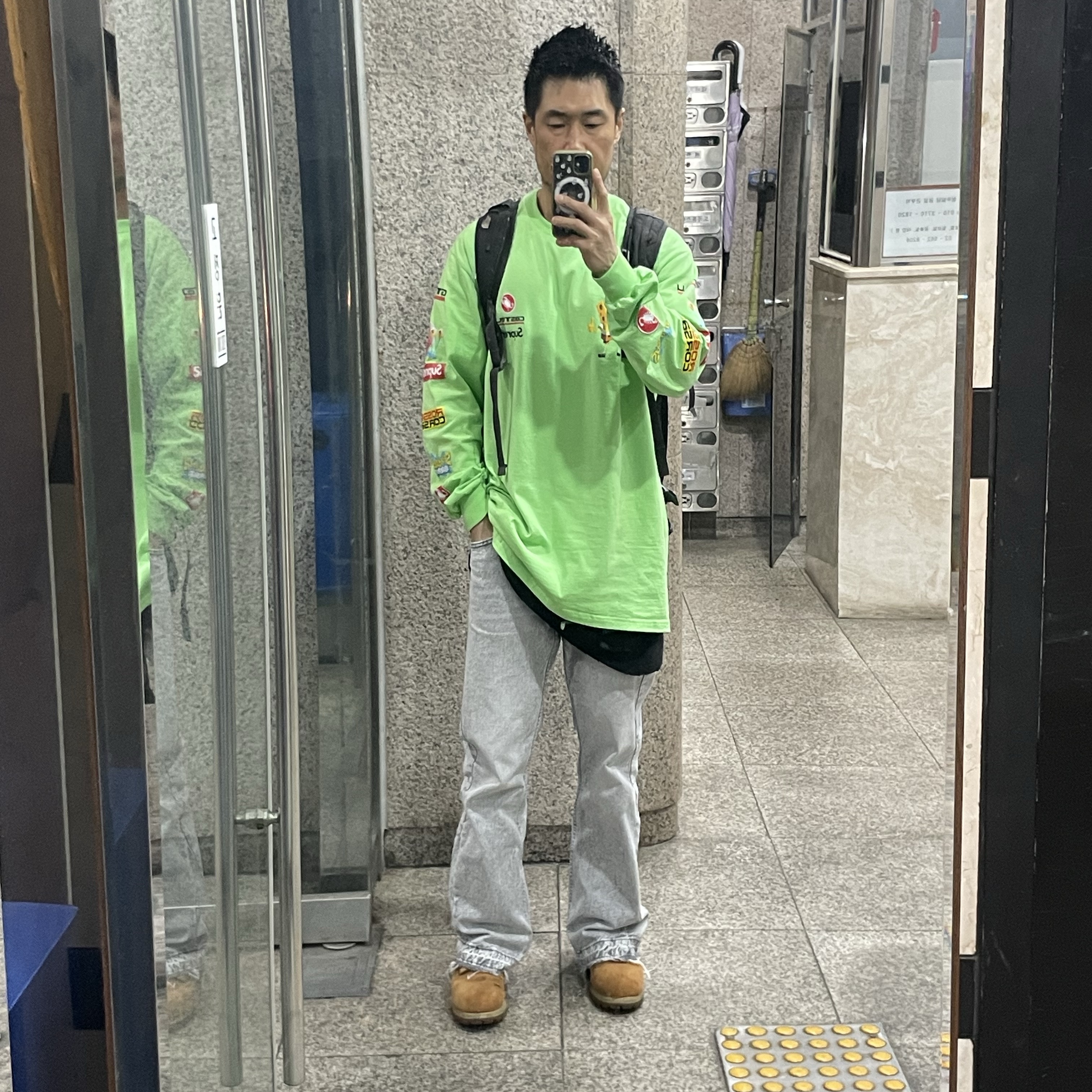 Supreme x SpongeBob SquarePants Castelli Racing L/S T-Shirt Lime - 25SS 착용 스타일