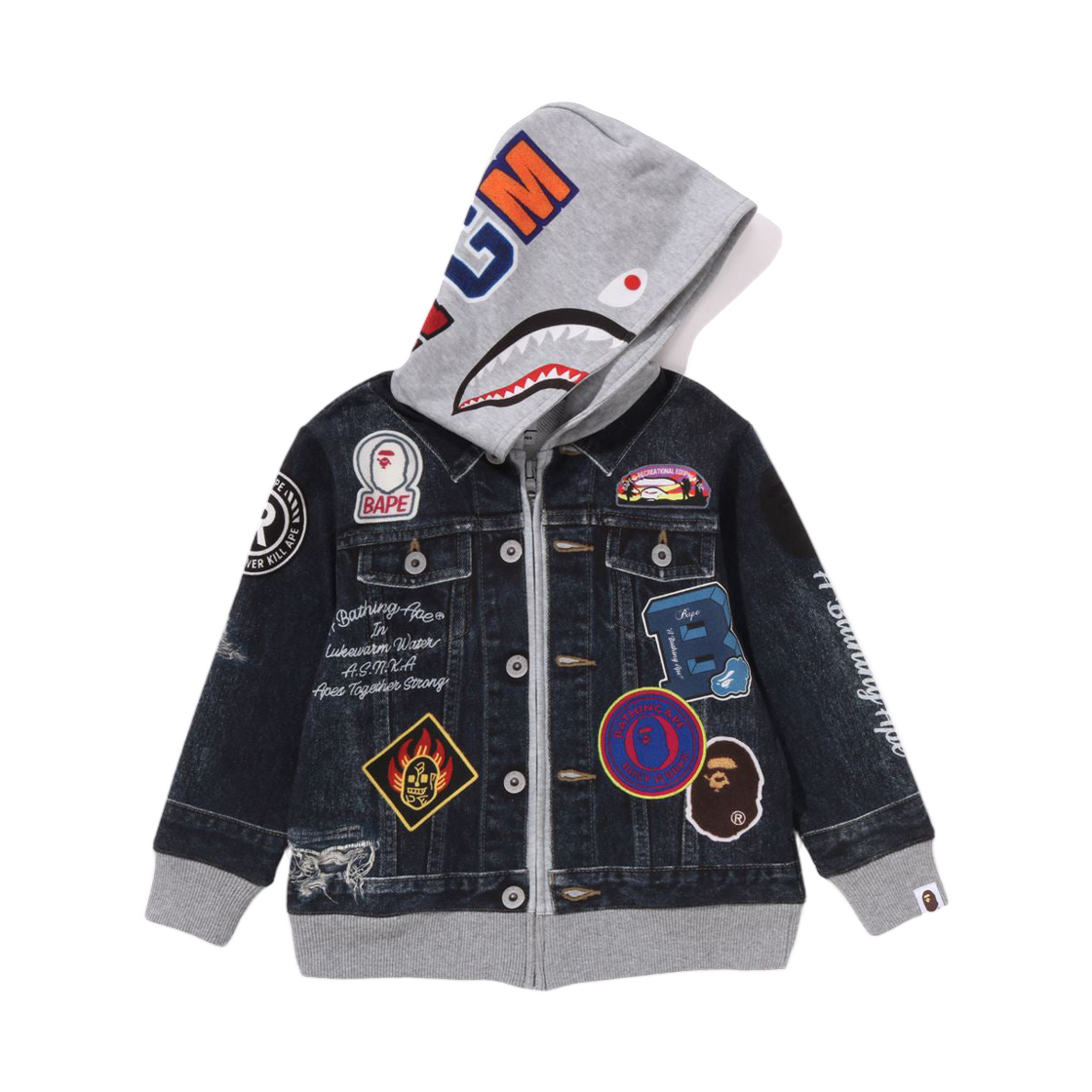 (키즈) 베이프 샤크 베이프 엠블럼 데님 자켓 프린트 집 후드 네이비((Kids) BAPE Shark Bape Emblem Denim Jacket Print Zip Hoodie Navy) - 1