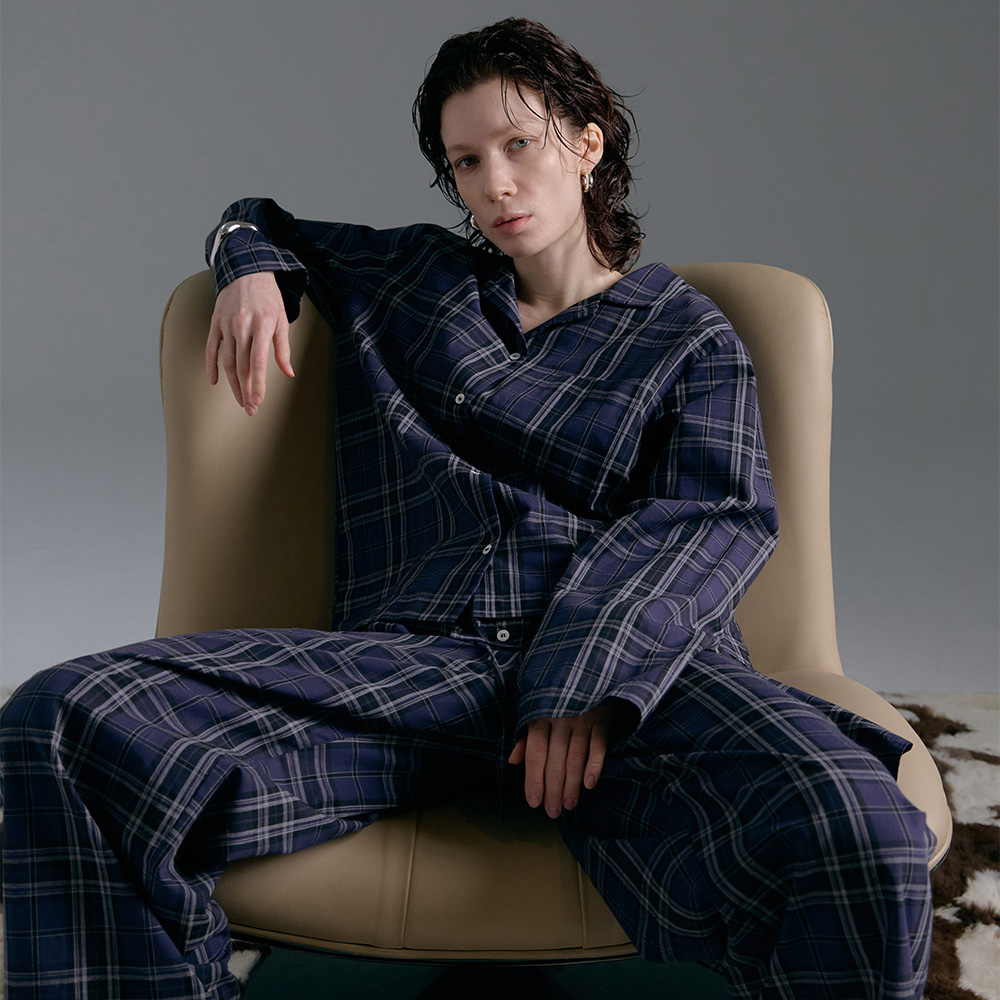 퍼즈플리즈 100% 코튼 파자마 위드 에이프런 (체크 네이비)(PAUSE PLEASE 100% Cotton Pajamas with Apron (Check Navy)) - 2