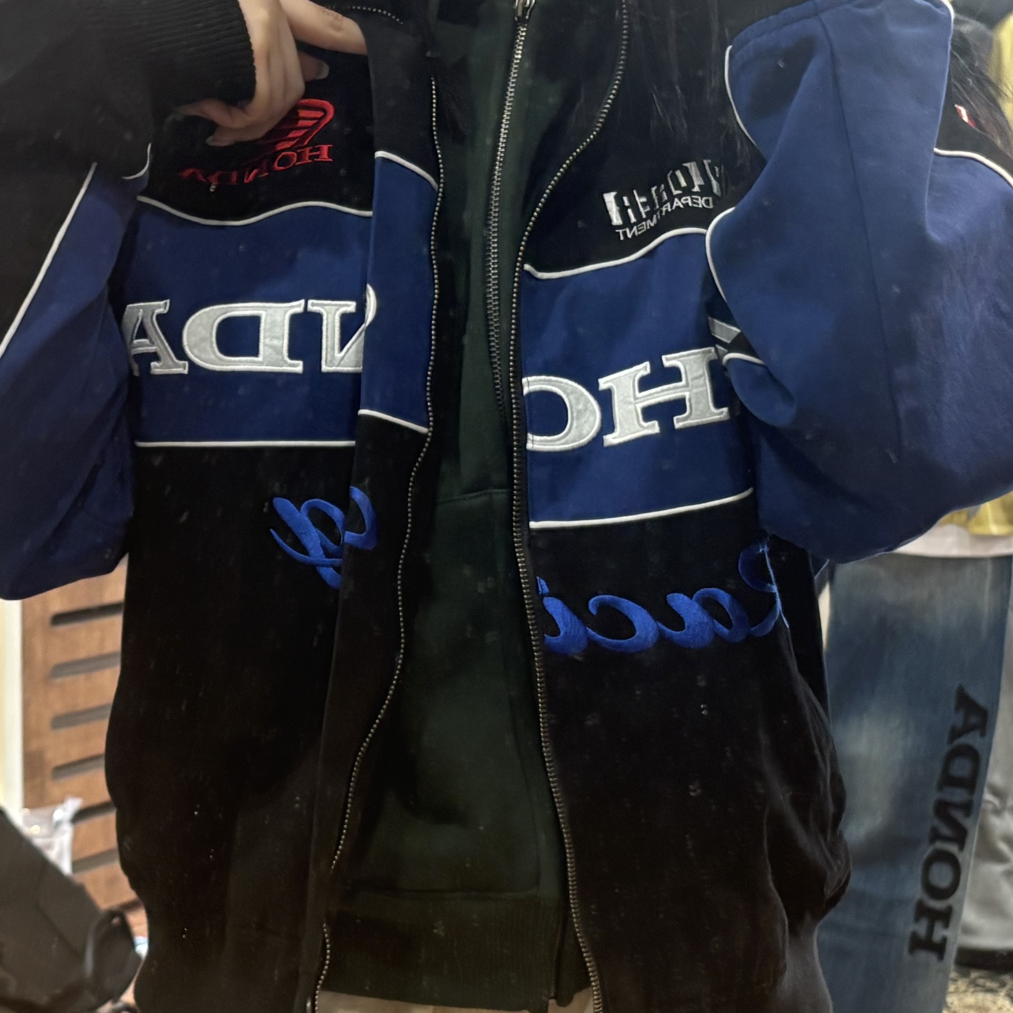 Honda Twill Multi Patch Motorcycle Jacket Black 착용 스타일