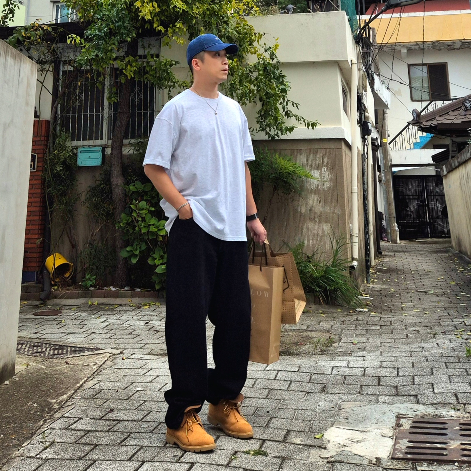 Timberland Premium 6 inch Waterproof Boot Wheat Nubuck - Wide, Uniqlo x JW Anderson Straight Jean Blue - KR 착용 스타일 - 2
