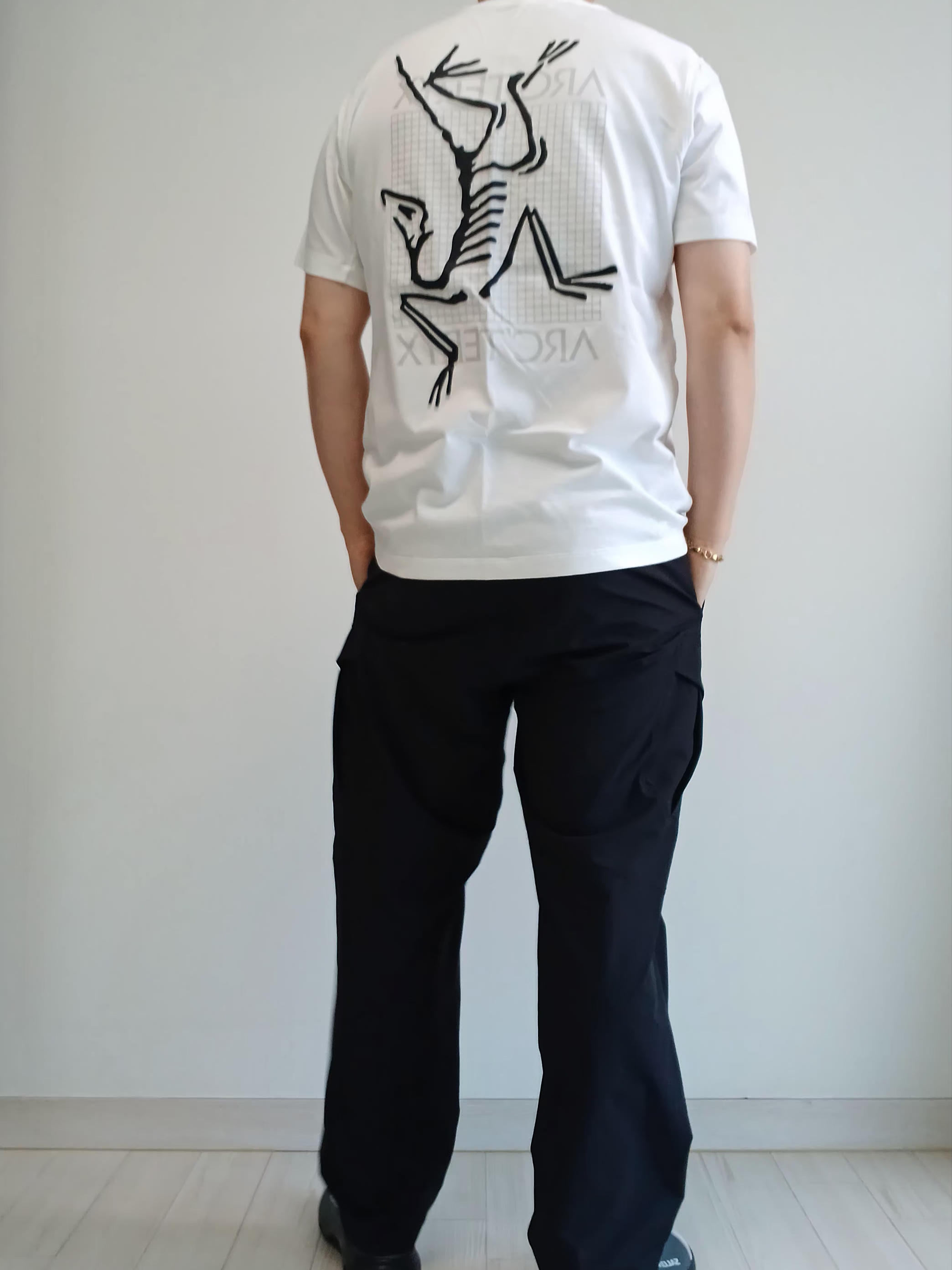 Arc'teryx Arc'Multi Bird Logo SS T-Shirt White Light, Arc'teryx Rampart Pants Black 착용 스타일 - 3