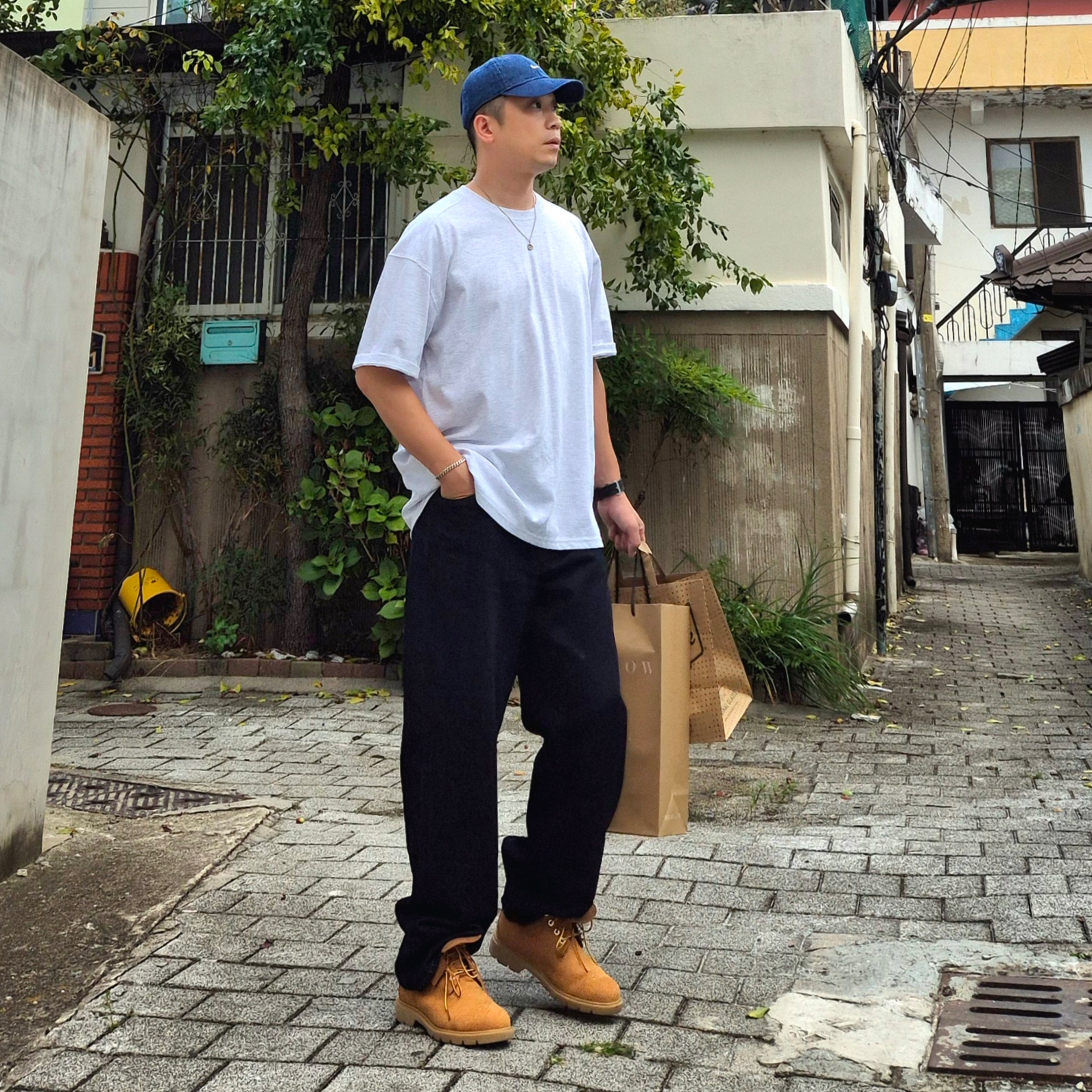 Timberland Premium 6 inch Waterproof Boot Wheat Nubuck - Wide, Uniqlo x JW Anderson Straight Jean Blue - KR 착용 스타일 - 3