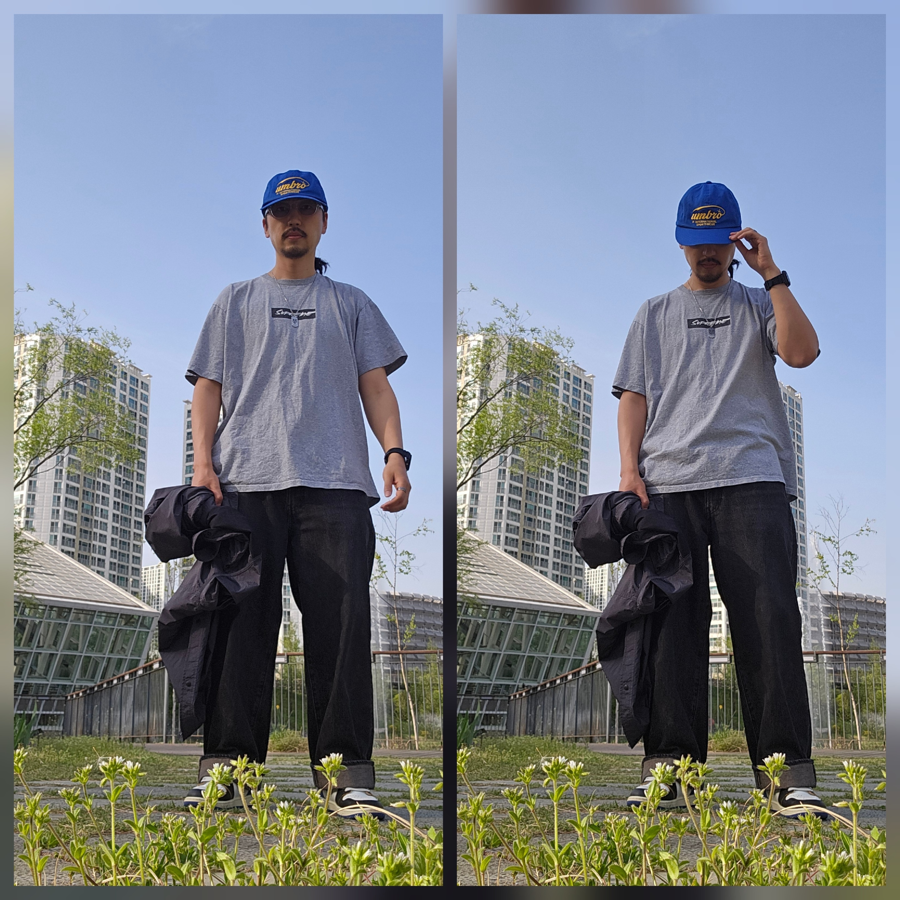 Supreme Futura Box Logo T-Shirt Heather Grey - 24SS, Levi's x Jordan Baggy Jean Black 착용 스타일
