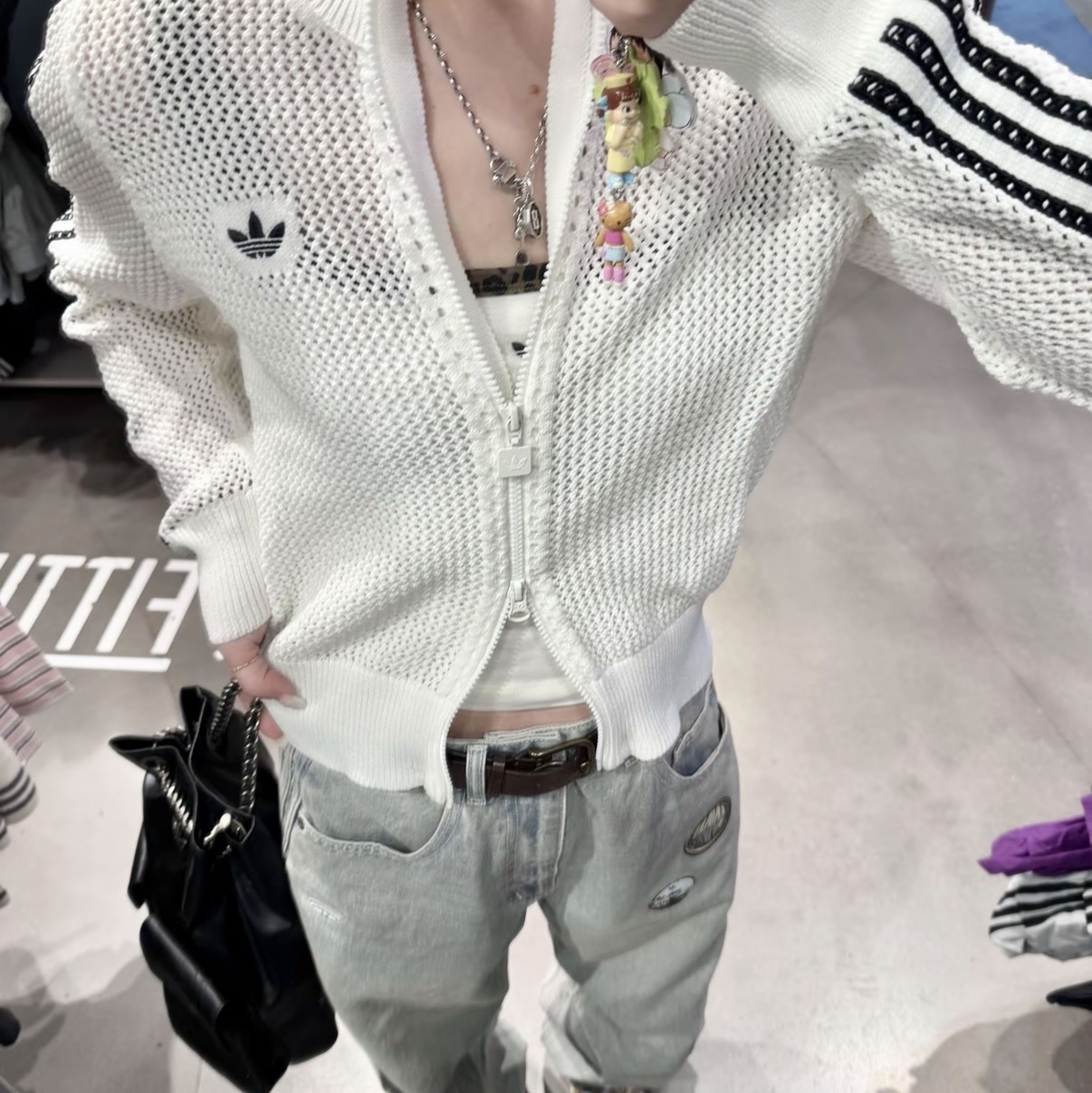 (W) Adidas Knitted Crochet Firebird Track Top Off White - KR Sizing 착용 스타일 - 1