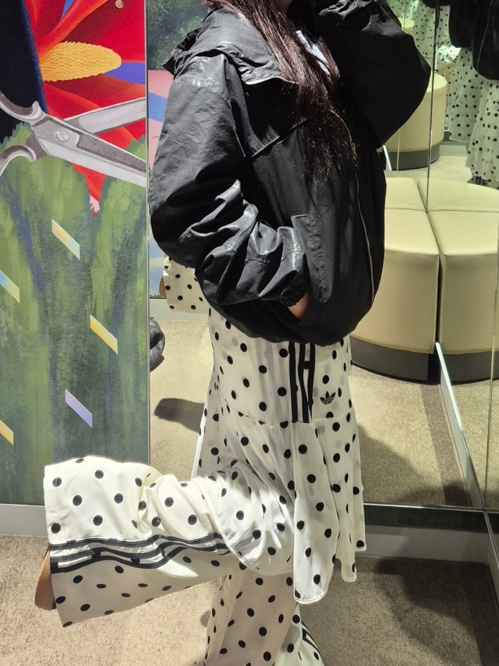 (W) Adidas Originals Satin Polka Dot Wide Leg Pants Off White - KR Sizing, (W) Adidas Originals Sheer Polka Dot Skirt Off White - KR Sizing 착용 스타일