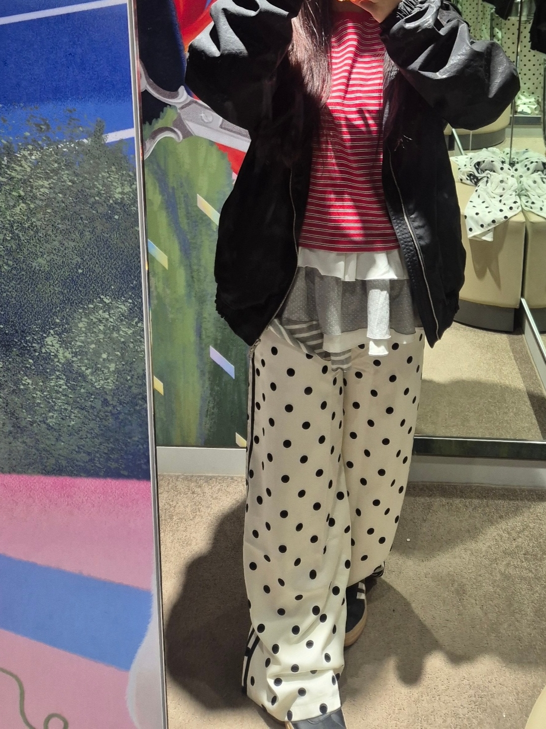 (W) Adidas Originals Satin Polka Dot Wide Leg Pants Off White - KR Sizing 착용 스타일