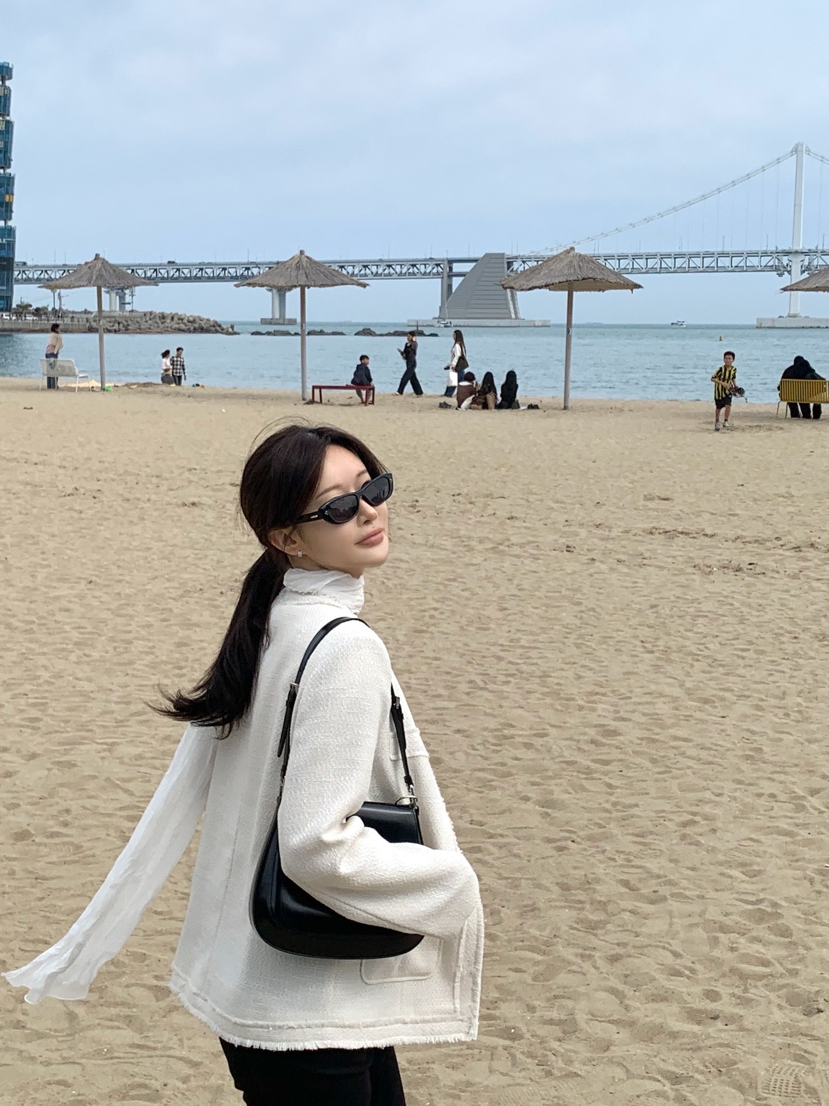 Prada Cleo Brushed Leather Shoulder Bag with Flap Black 착용 스타일
