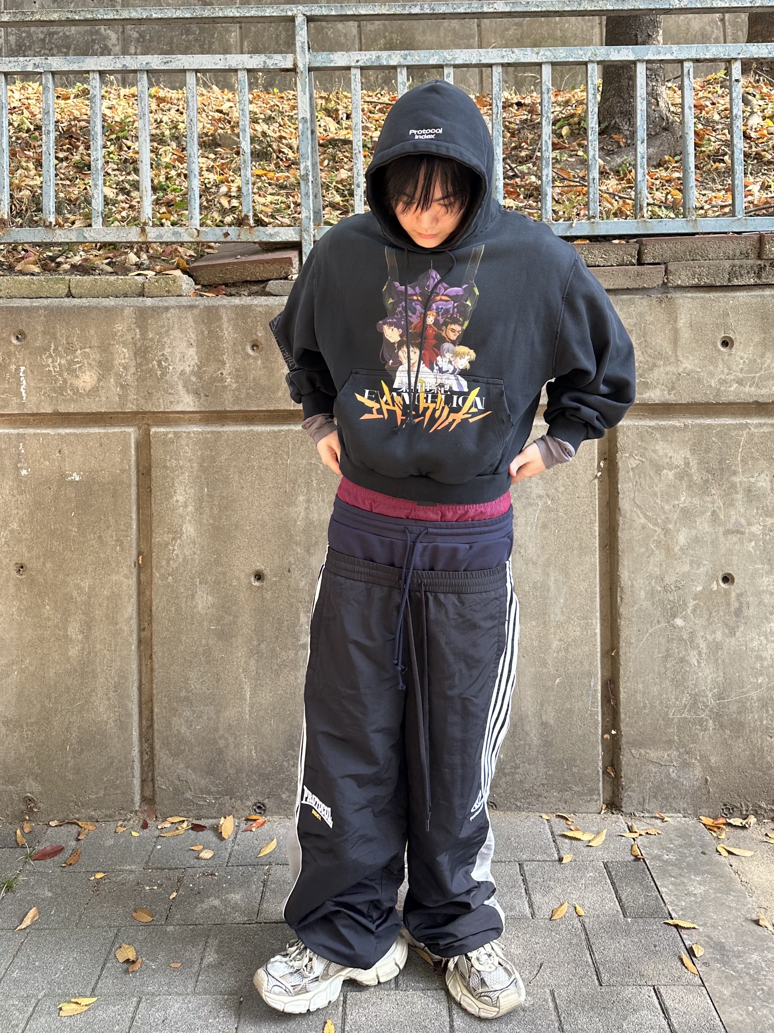 Protocol Index x Evangelion Vintage Units Hoodie Black, Protocol Index 3 Layered Track Pants Black 착용 스타일 - 1