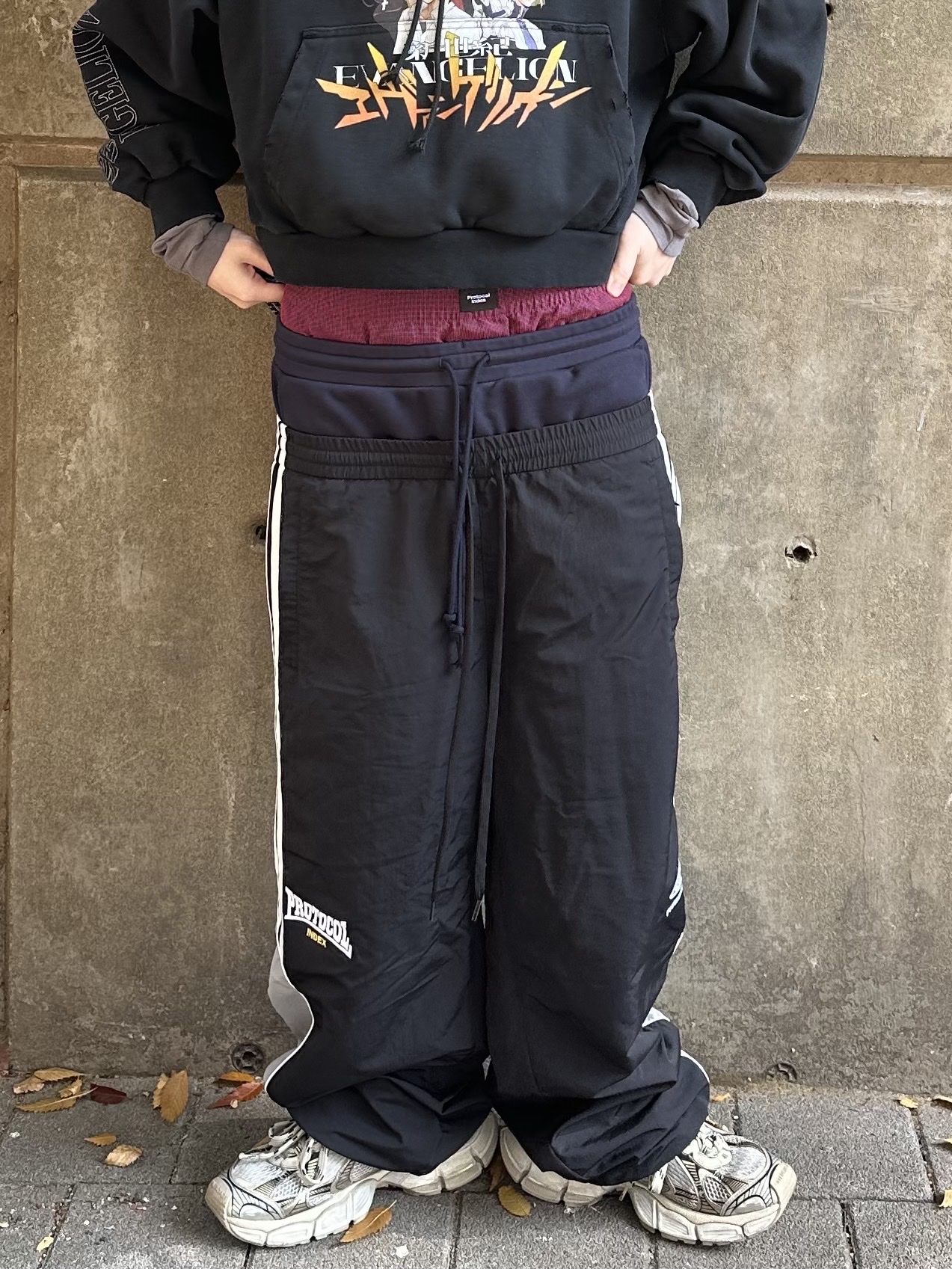 Protocol Index x Evangelion Vintage Units Hoodie Black, Protocol Index 3 Layered Track Pants Black 착용 스타일 - 2