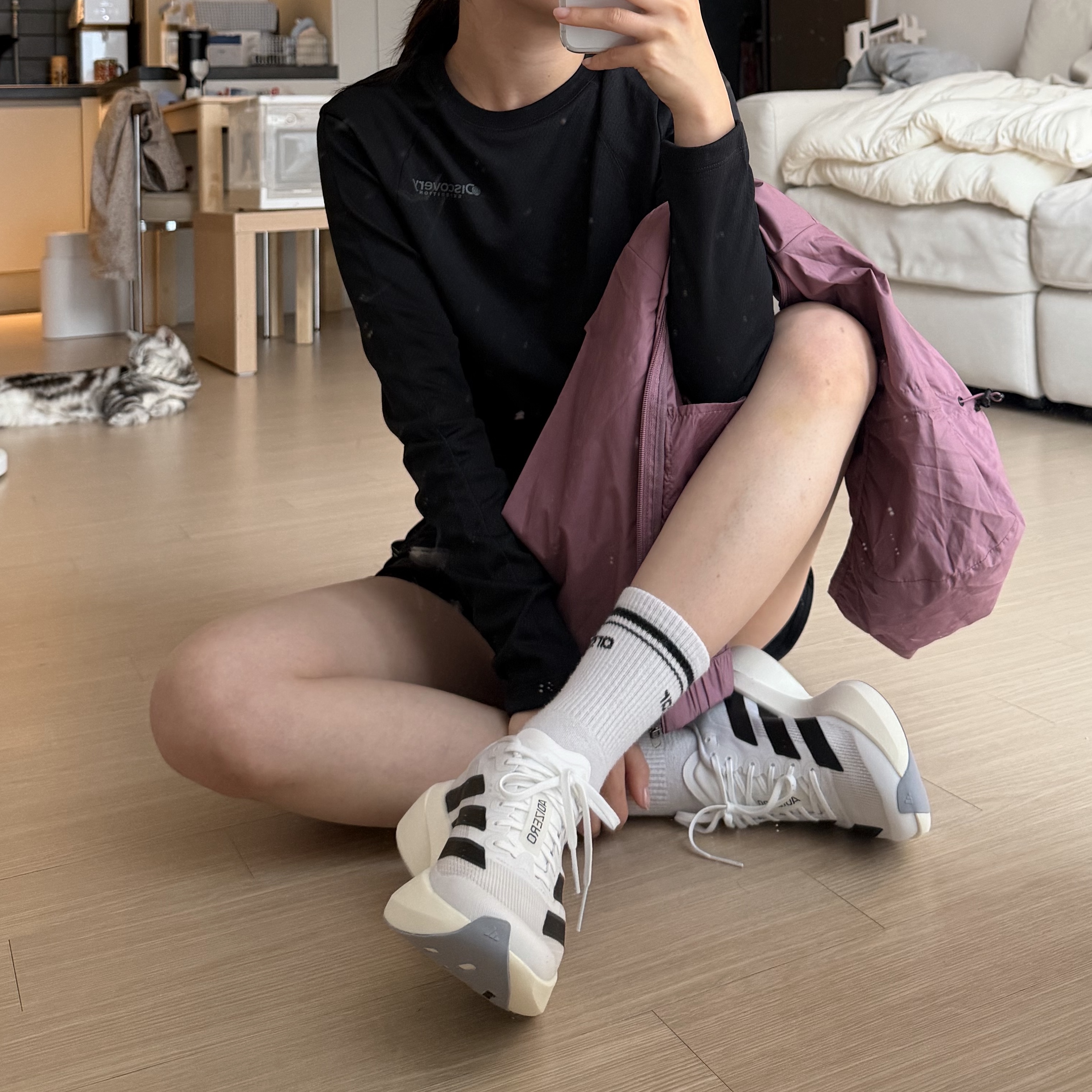 (W) Adidas Adizero EVO SL Cloud White Core Black 착용 스타일