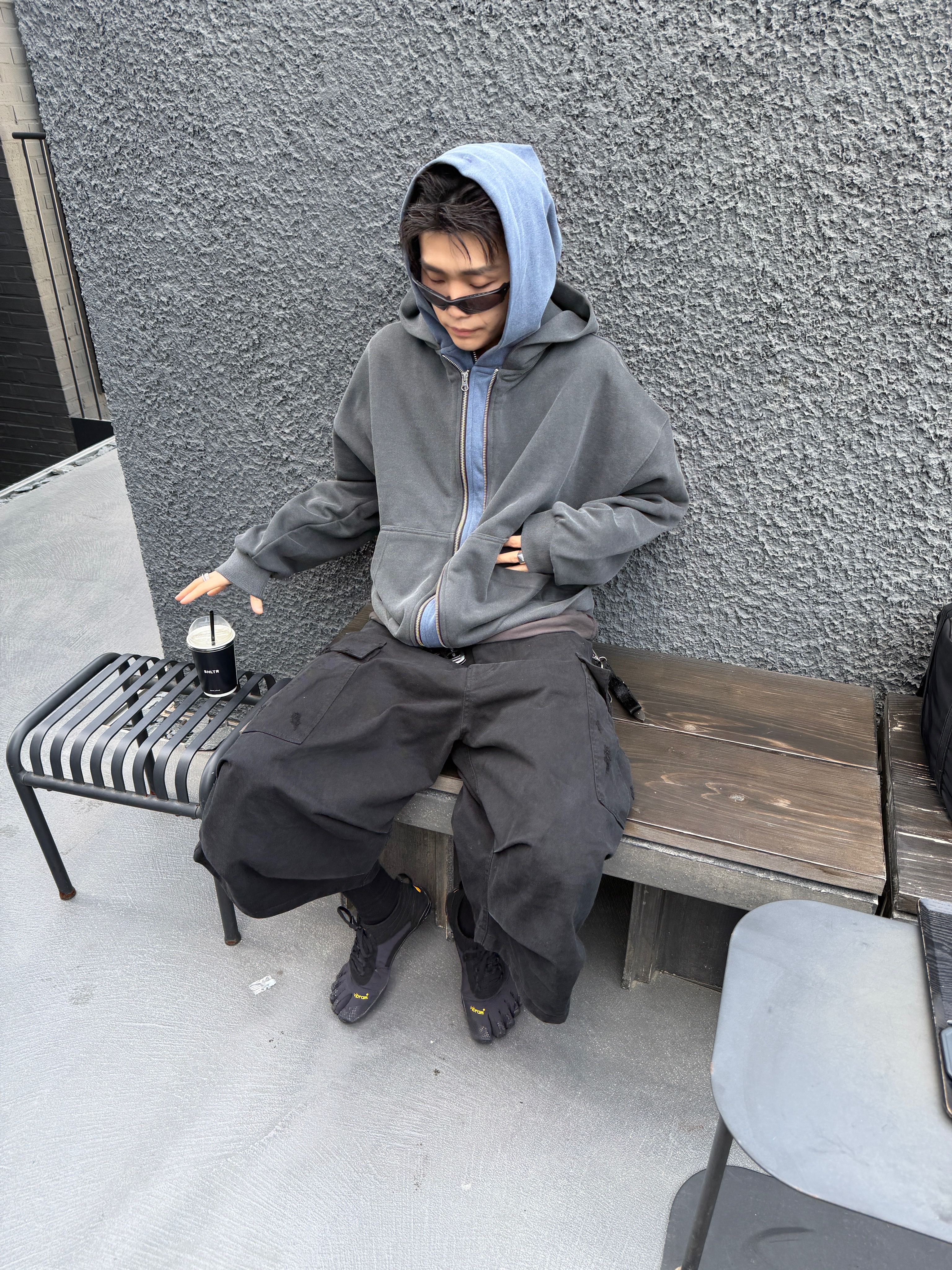 Nonnod Duplex Hooded Zip-Up Chacoal, Undermycar Faded Core Zip Long Sleeve Charcoal 착용 스타일 - 3