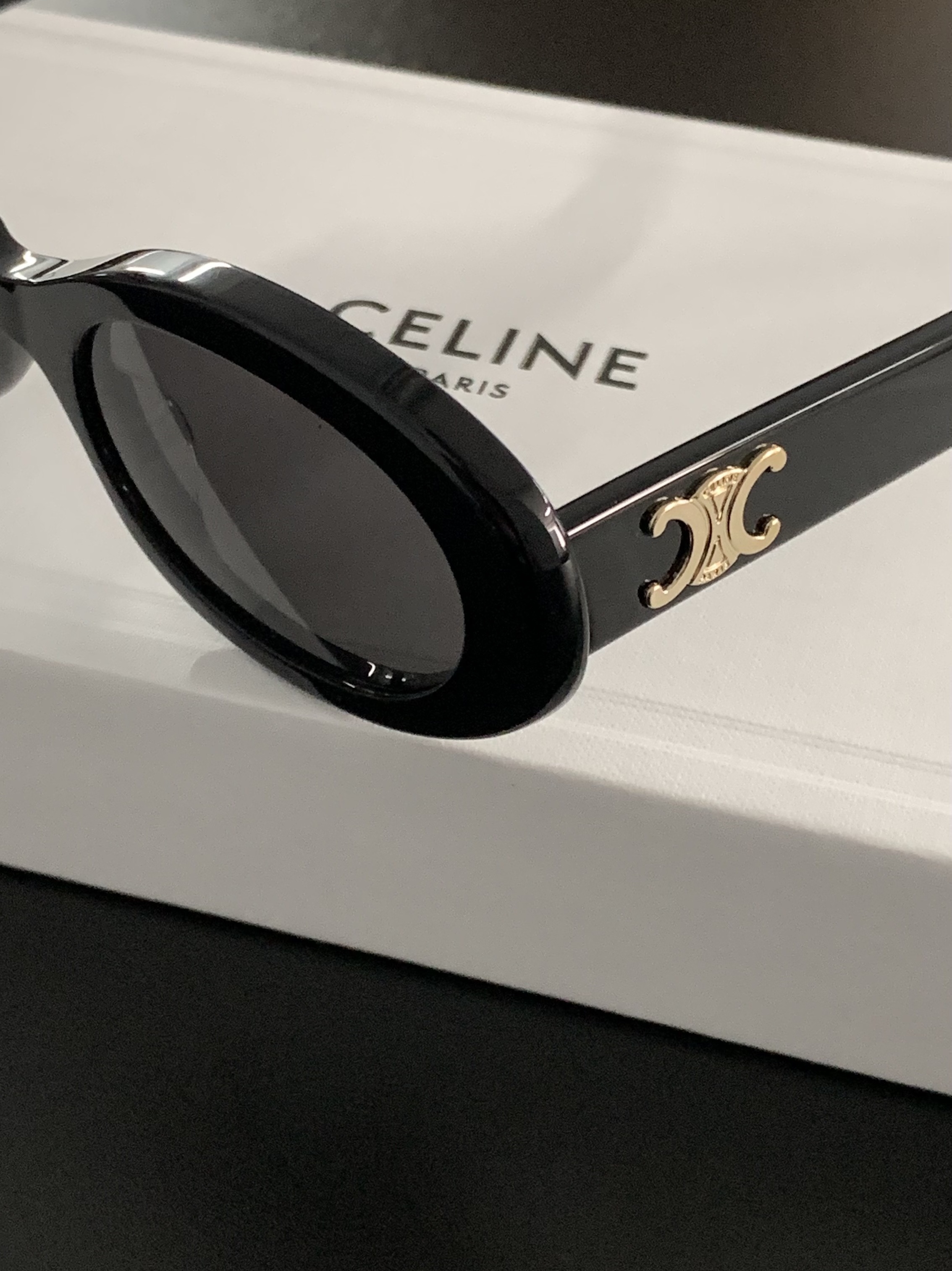 (W) Celine Triomphe 01 Sunglasses in Acetate Black 착용 스타일 - 1
