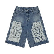 [KREAM 단독] NOMANUAL Destroyed Bermuda Pants Washed Navy