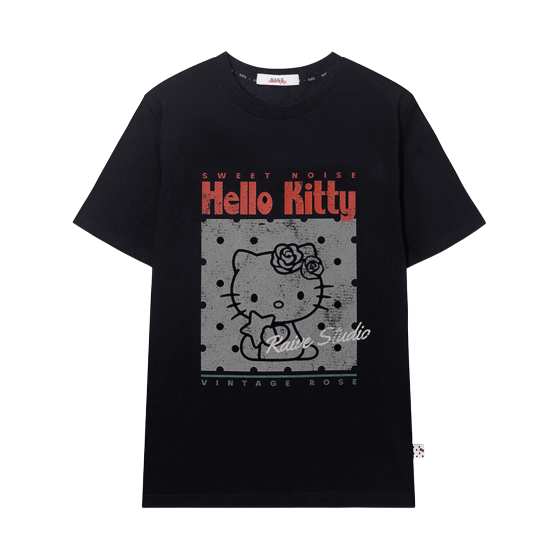 (W) 레이브 x 헬로 키티 닷 그래픽 티셔츠 블랙((W) Raive x Hello Kitty Dot Graphic T-shirts Black)